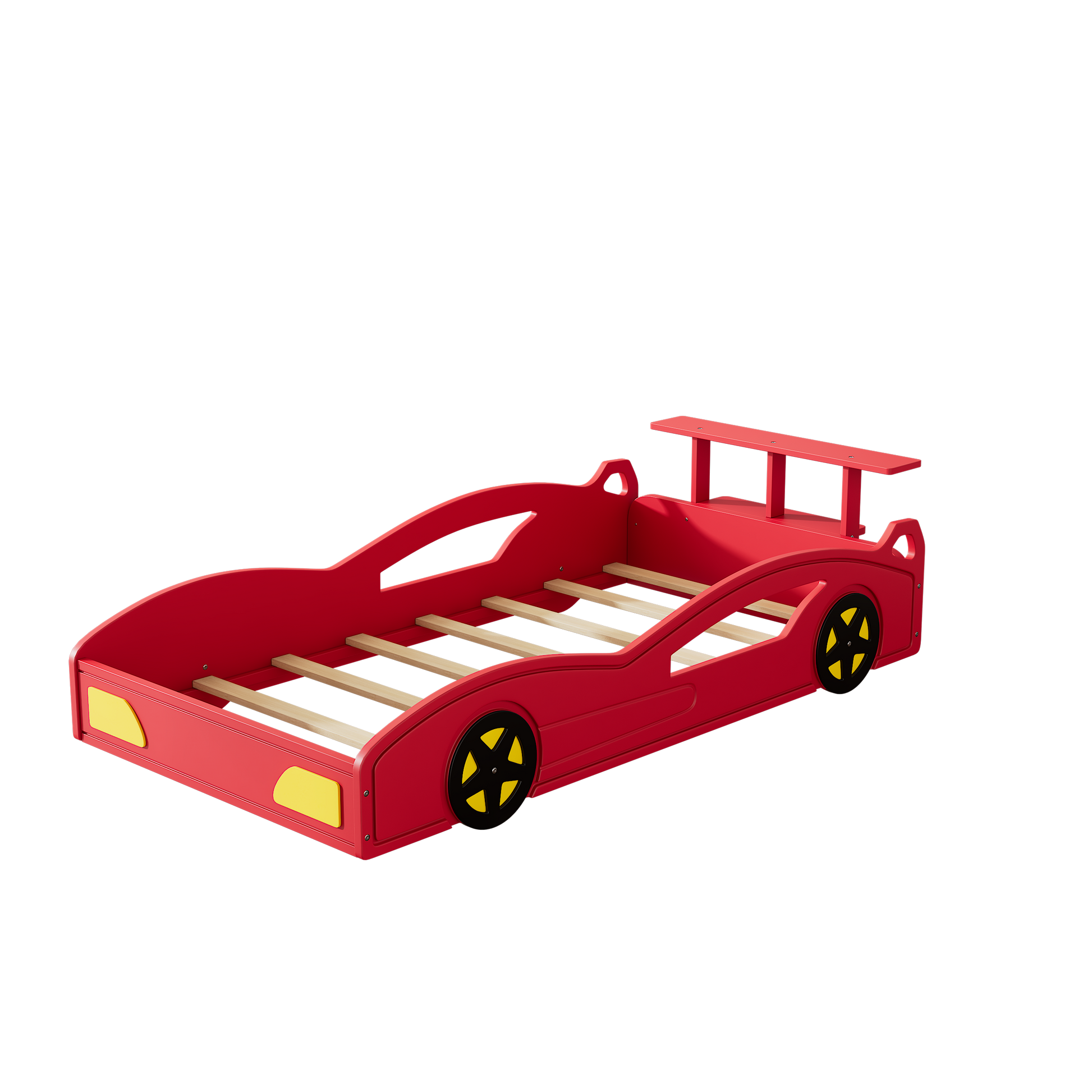 Wooden Race Car Bed,Car Shaped Platform Twin Bed With Wheels For Teens,Red & Yellow Red Mdf