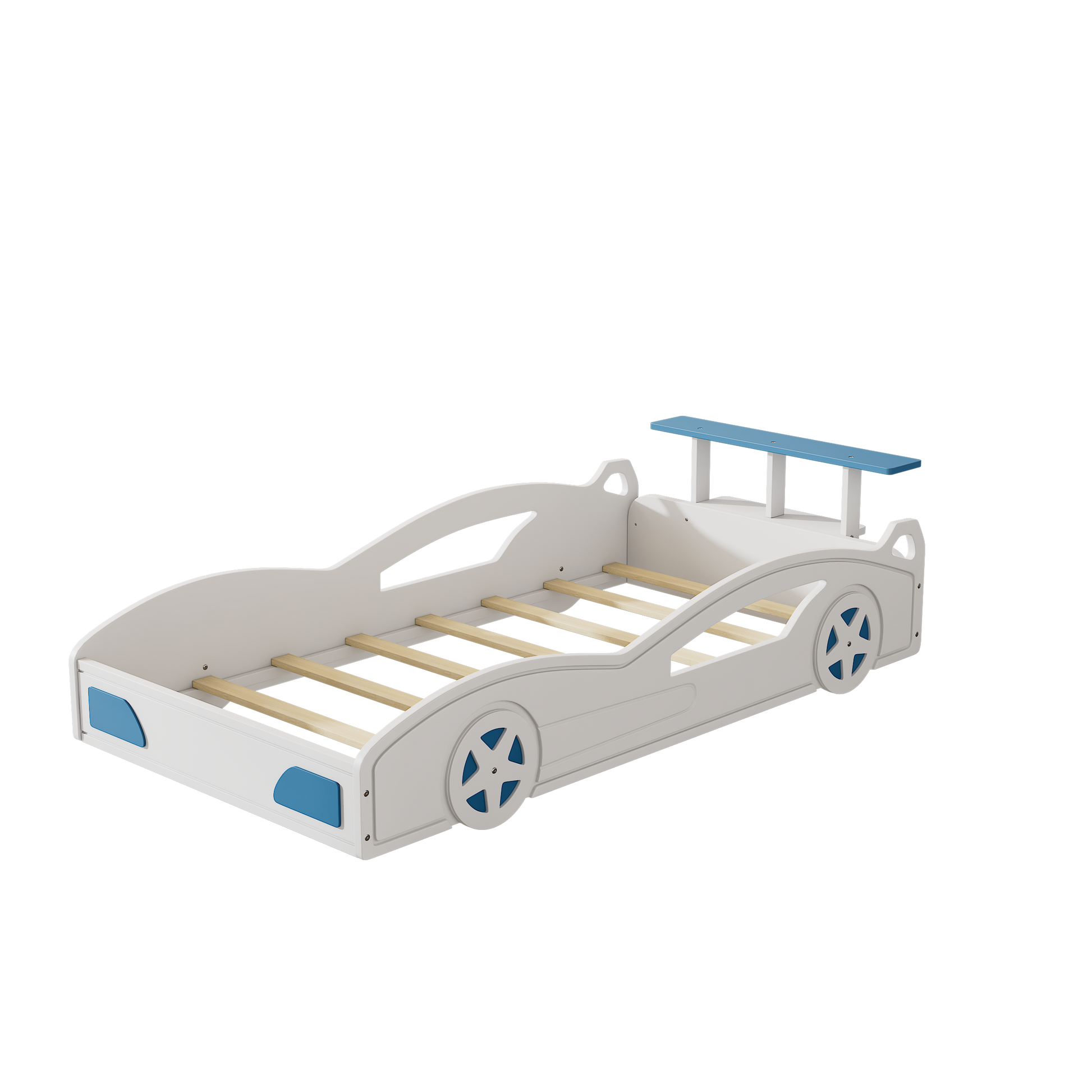 Wooden Race Car Bed,Car Shaped Platform Twin Bed With Wheels For Teens,White & Blue White Mdf