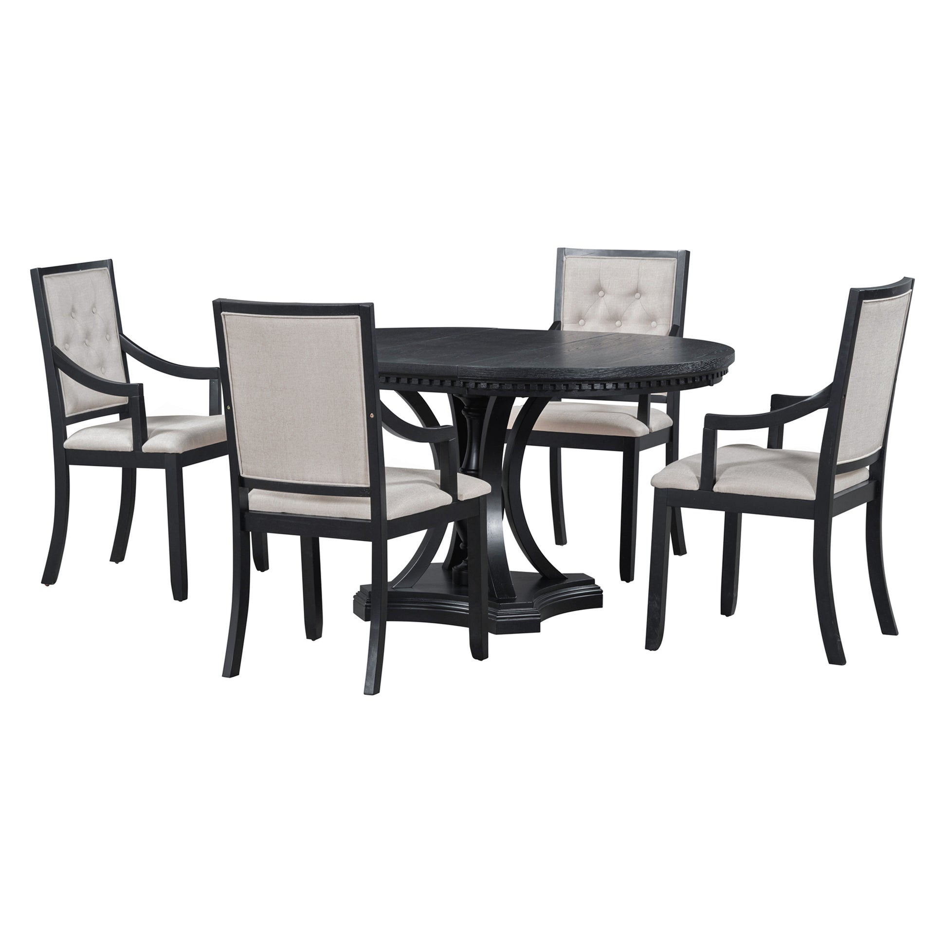 Retro 5 Piece Dining Set Extendable Round Table And 4 Chairs For Kitchen Dining Room Black Oak Black Mdf