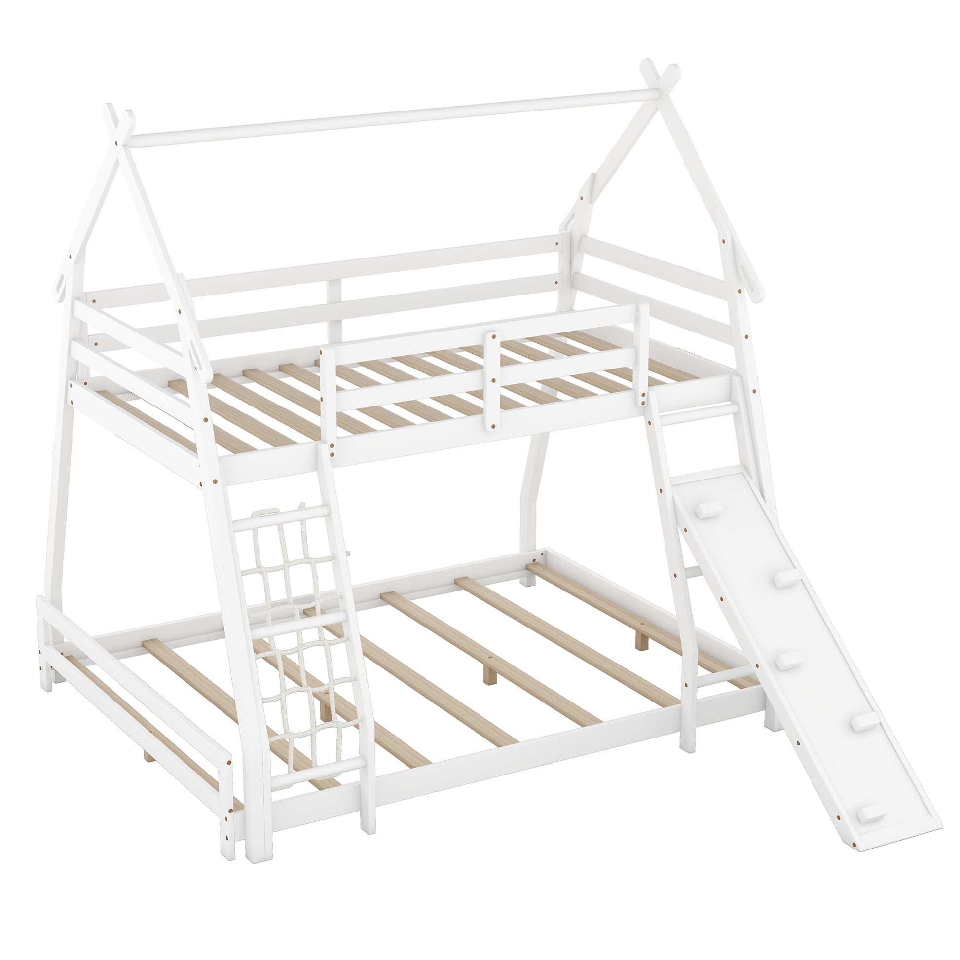 Twin Over Queen House Bunk Bed With Climbing Nets And Climbing Ramp, White Box Spring Not Required White Wood Bedroom Bunk Solid Wood Mdf