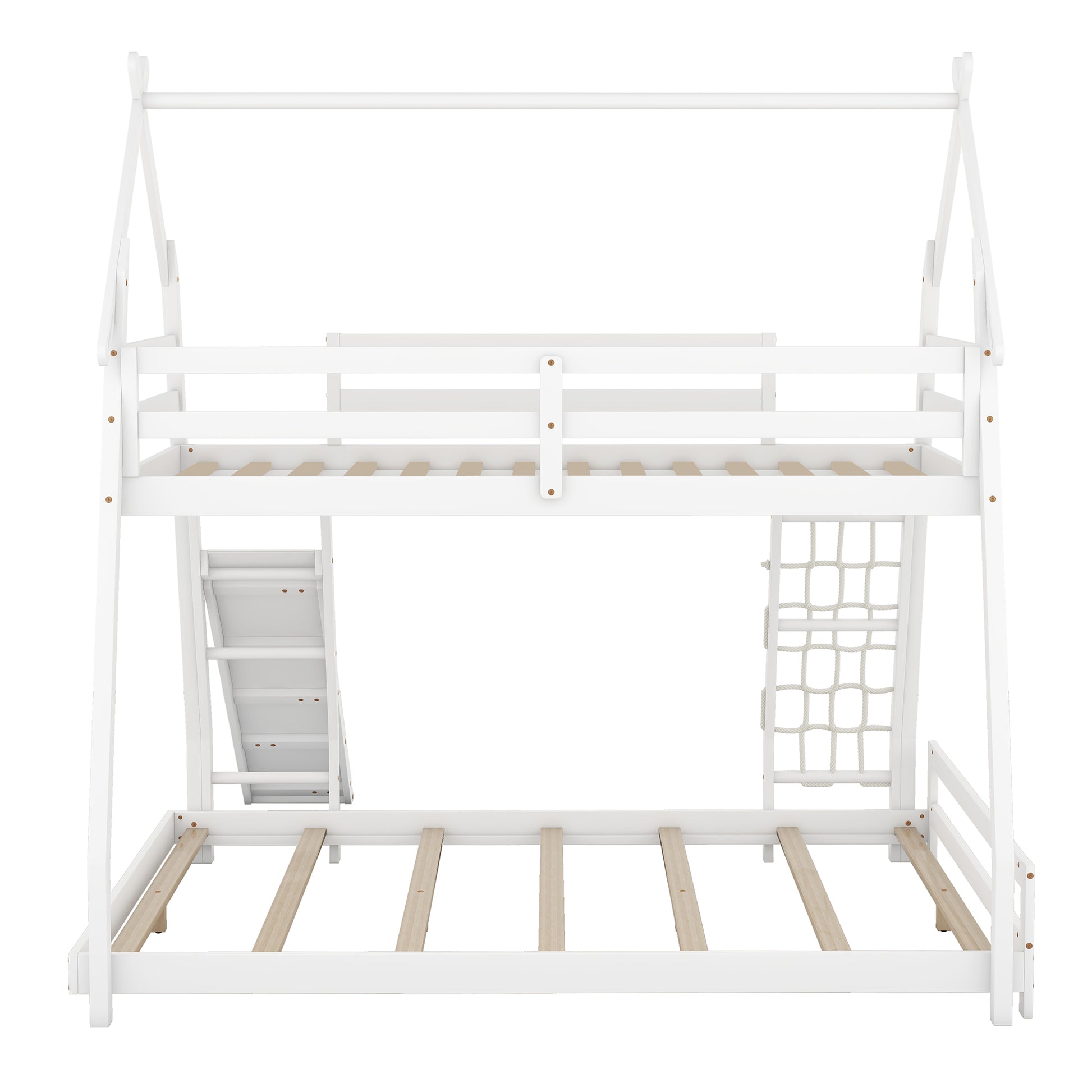 Twin Over Queen House Bunk Bed With Climbing Nets And Climbing Ramp, White Box Spring Not Required White Wood Bedroom Bunk Solid Wood Mdf