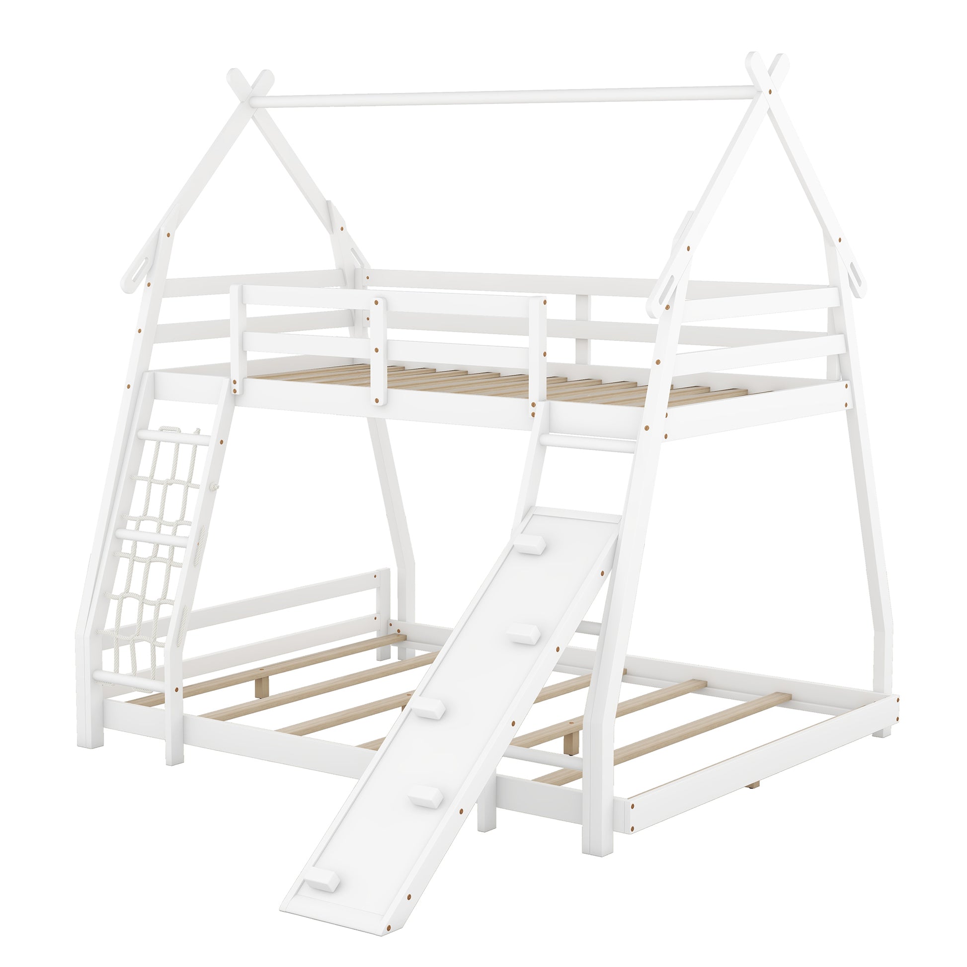 Twin Over Queen House Bunk Bed With Climbing Nets And Climbing Ramp, White Box Spring Not Required White Wood Bedroom Bunk Solid Wood Mdf