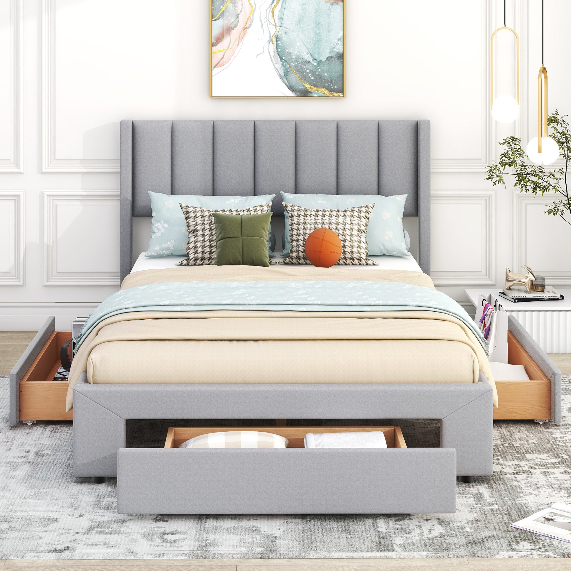 Queen Size Upholstered Platform Bed With One Large Drawer In The Footboard And Drawer On Each Side,Gray Queen Gray Upholstered