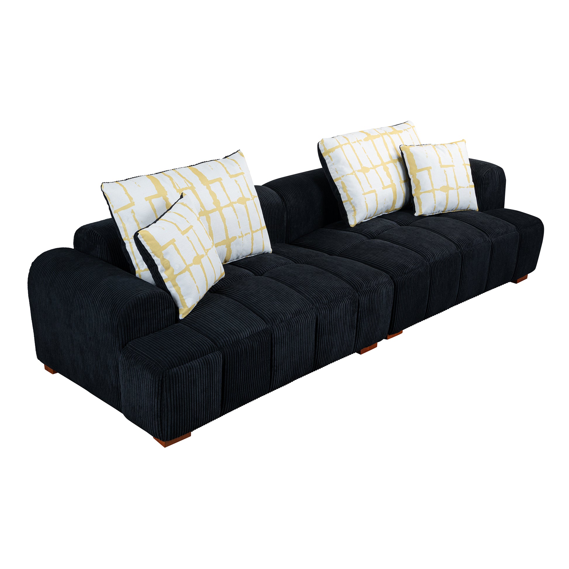 103.9" Modern Couch Corduroy Fabric Comfy Sofa With Rubber Wood Legs, 4 Pillows For Living Room, Bedroom, Office, Black Black Corduroy 2 Seat