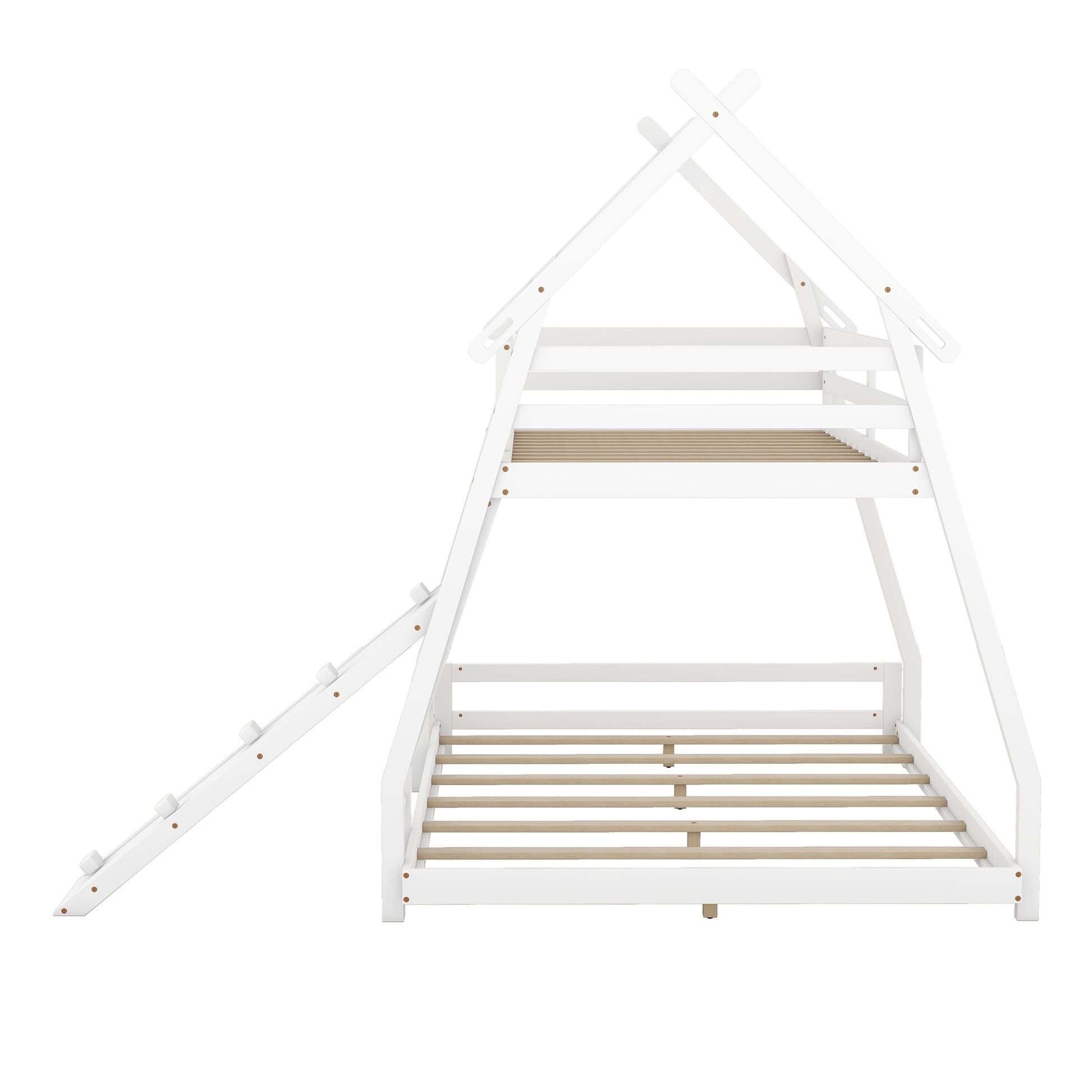 Twin Over Queen House Bunk Bed With Climbing Nets And Climbing Ramp, White Box Spring Not Required White Wood Bedroom Bunk Solid Wood Mdf