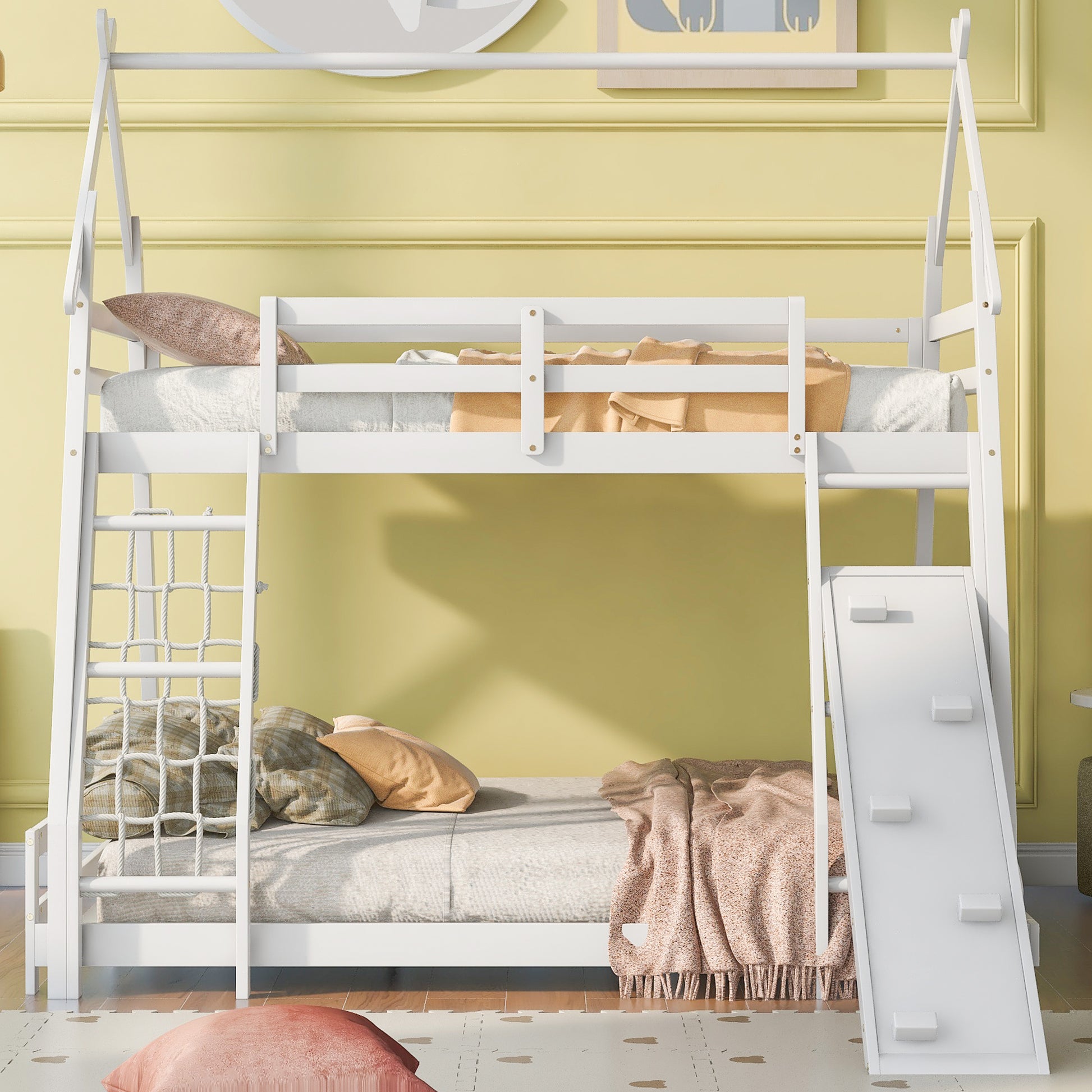 Twin Over Queen House Bunk Bed With Climbing Nets And Climbing Ramp, White Box Spring Not Required White Wood Bedroom Bunk Solid Wood Mdf