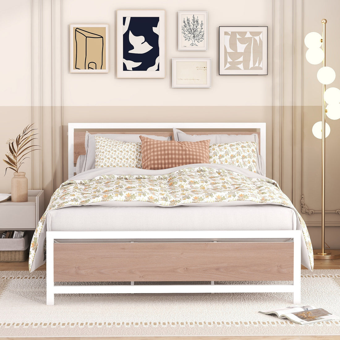 Queen Size Platform Bed, Metal And Wood Bed Frame With Headboard And Footboardwhite White Metal & Wood