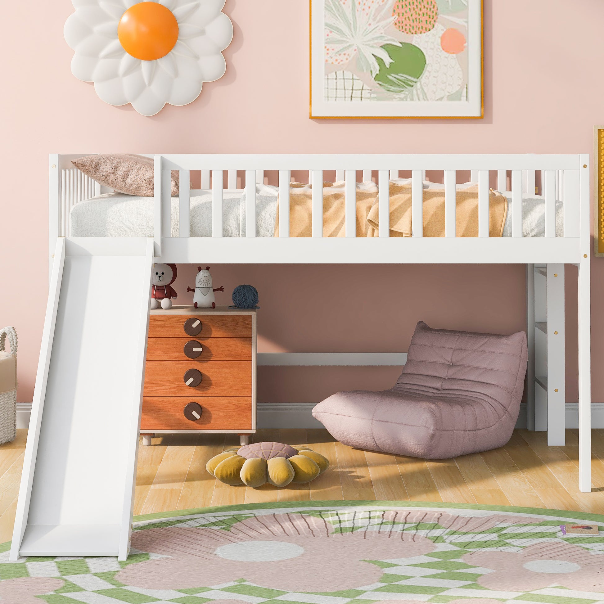 Full Size Low Loft Bed With Ladder And Slide,White Box Spring Not Required Full White Wood Bedroom Pine