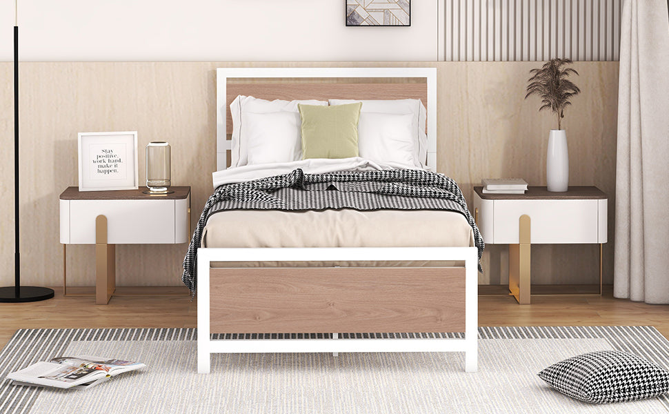 Twin Size Platform Bed, Metal And Wood Bed Frame With Headboard And Footboardwhite White Metal & Wood