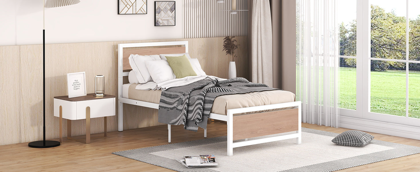 Twin Size Platform Bed, Metal And Wood Bed Frame With Headboard And Footboardwhite White Metal & Wood