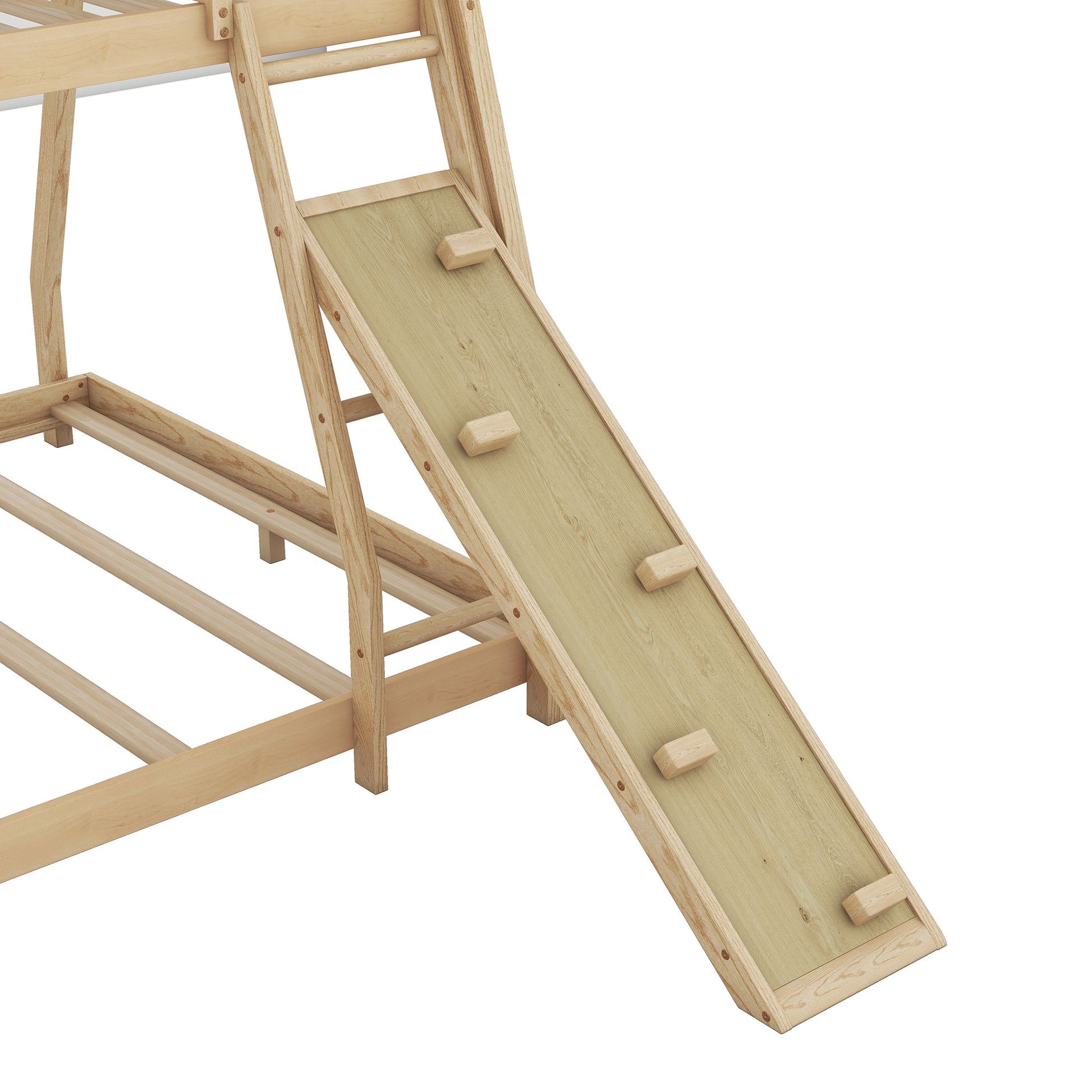 Twin Over Queen House Bunk Bed With Climbing Nets And Climbing Ramp, Natural Box Spring Not Required Natural Wood Bedroom Bunk Solid Wood Mdf