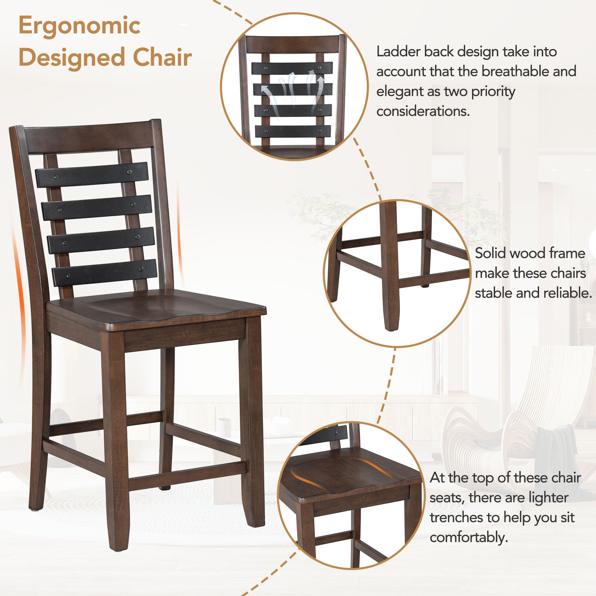 Counter Height 5 Piece Dining Table Set With Faux Marble Tabletop, Solid Wood Table Set With Storage Cabinet And Drawer, Dark Walnut Wood Dining Room Solid Wood Rubberwood Rectangular Sideboard Included Wood Walnut Ladder Back Seats 4 60 Inches Rustic 4