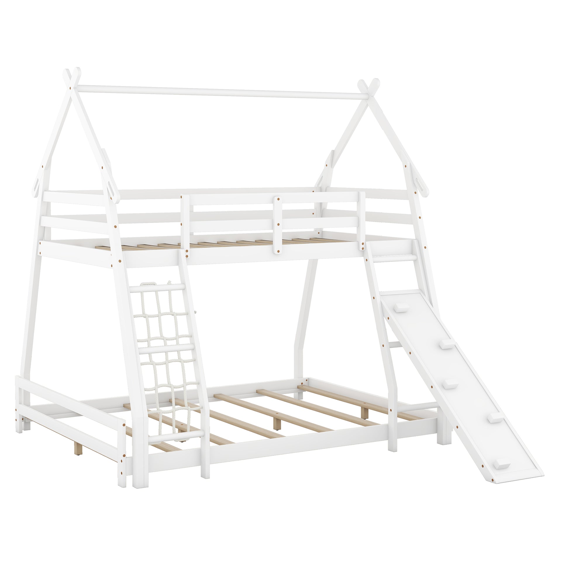 Twin Over Queen House Bunk Bed With Climbing Nets And Climbing Ramp, White Box Spring Not Required White Wood Bedroom Bunk Solid Wood Mdf