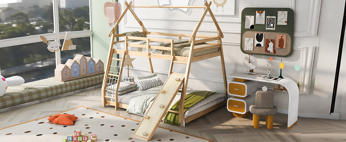 Twin Over Queen House Bunk Bed With Climbing Nets And Climbing Ramp, Natural Box Spring Not Required Natural Wood Bedroom Bunk Solid Wood Mdf