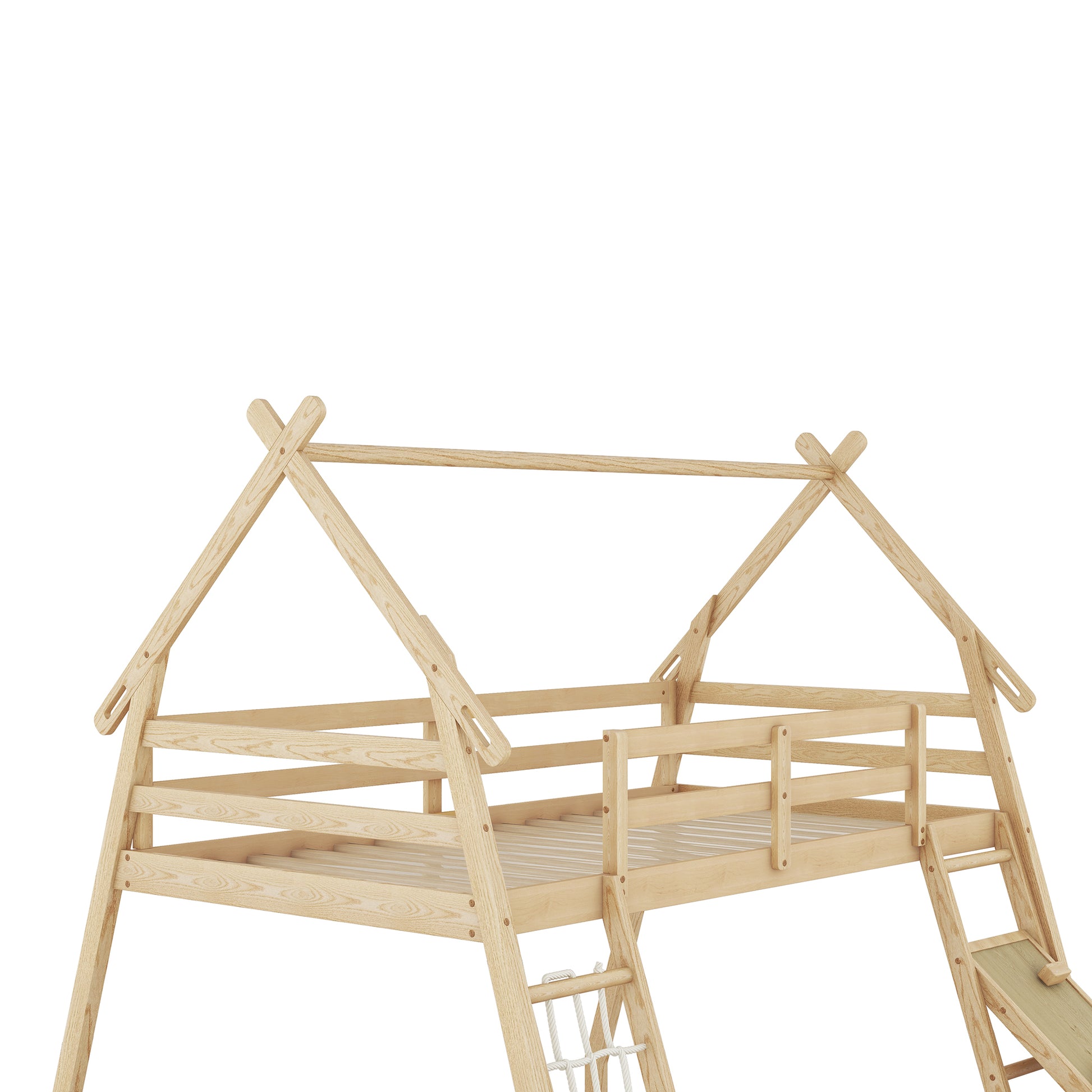 Twin Over Queen House Bunk Bed With Climbing Nets And Climbing Ramp, Natural Box Spring Not Required Natural Wood Bedroom Bunk Solid Wood Mdf