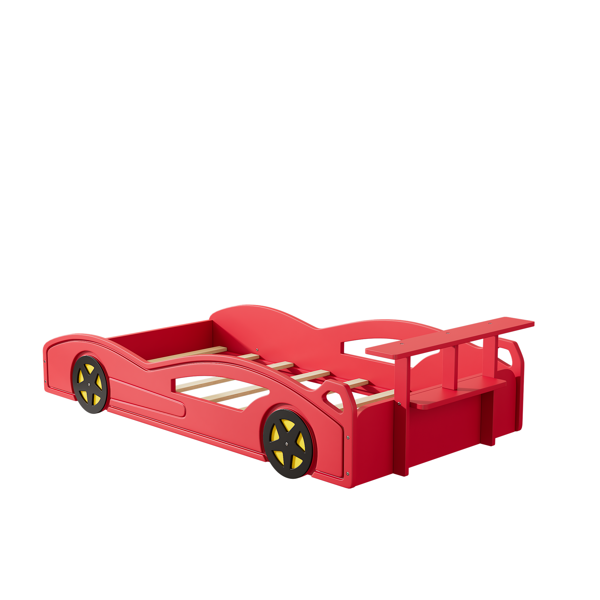 Wooden Race Car Bed,Car Shaped Platform Twin Bed With Wheels For Teens,Red & Yellow Red Mdf