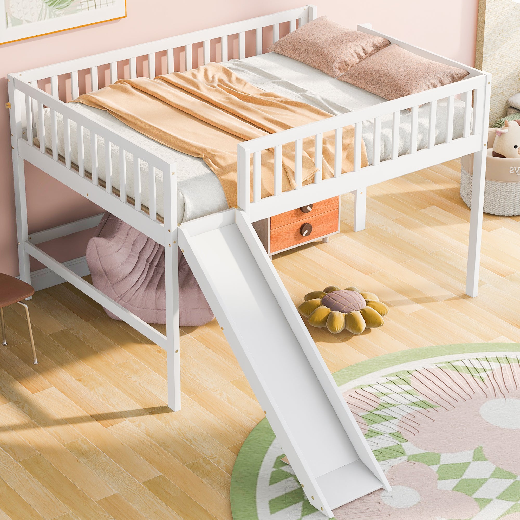 Full Size Low Loft Bed With Ladder And Slide,White Box Spring Not Required Full White Wood Bedroom Pine