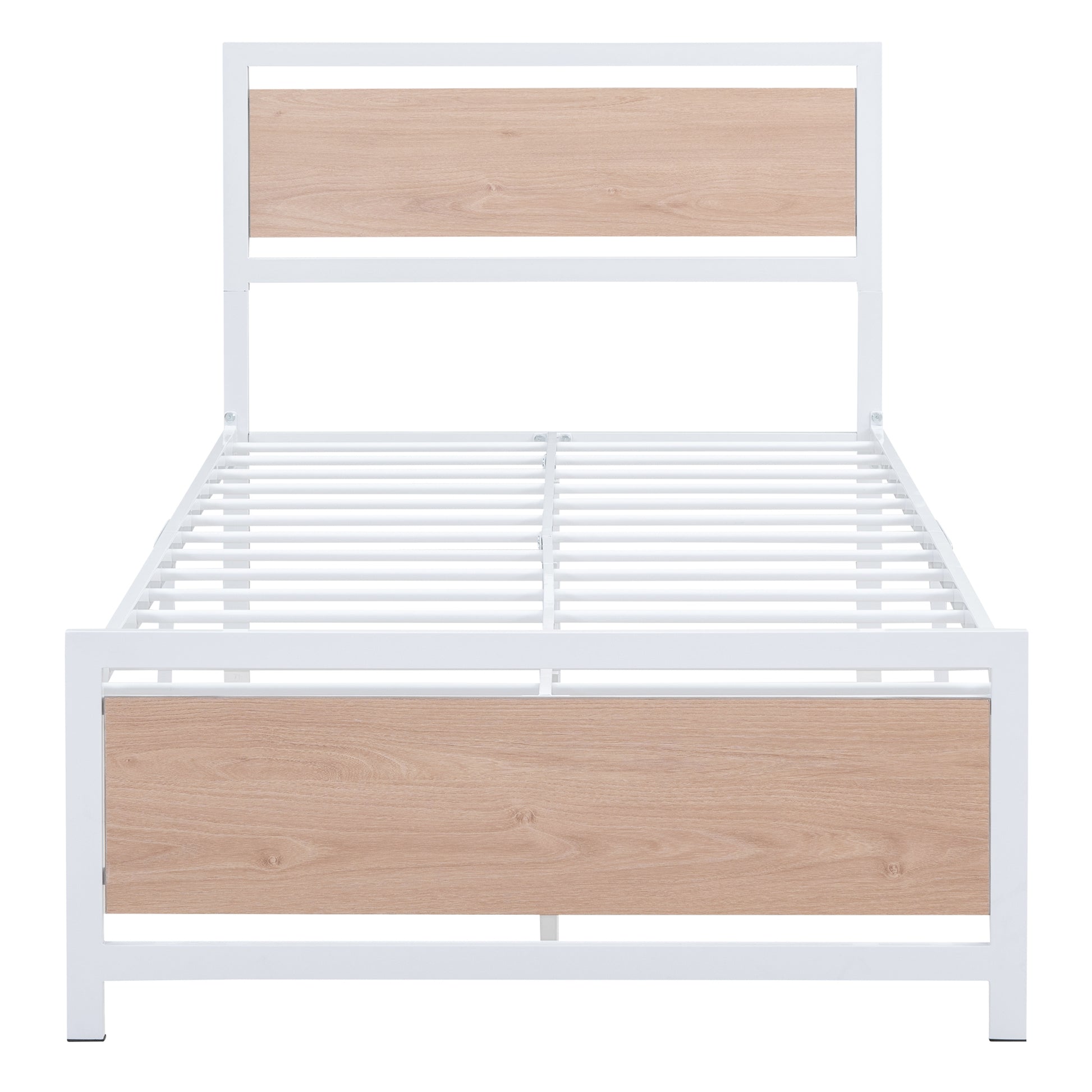 Twin Size Platform Bed, Metal And Wood Bed Frame With Headboard And Footboardwhite White Metal & Wood