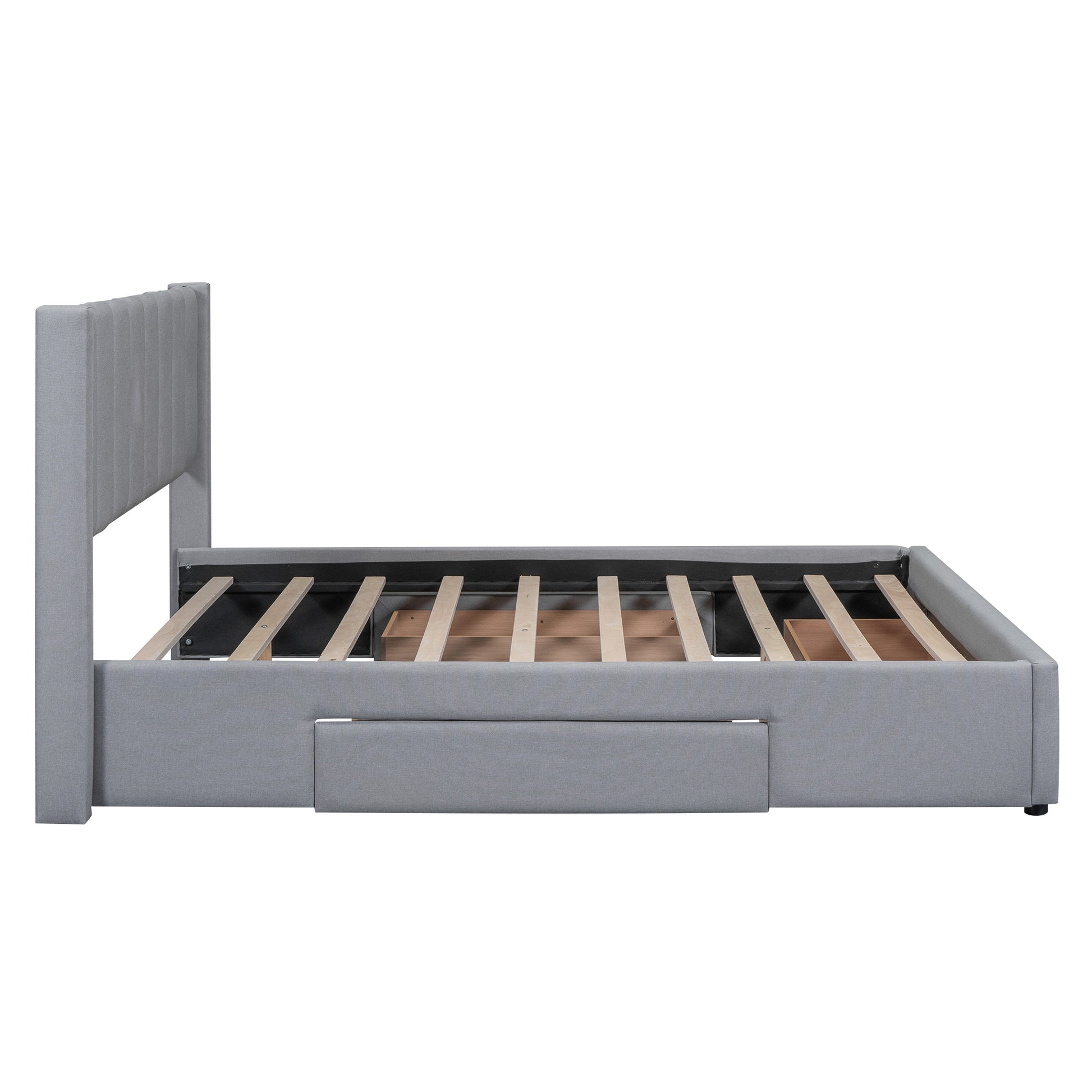 Queen Size Upholstered Platform Bed With One Large Drawer In The Footboard And Drawer On Each Side,Gray Box Spring Not Required Queen Gray Wood Bedroom Bed Frame Linen Upholstered