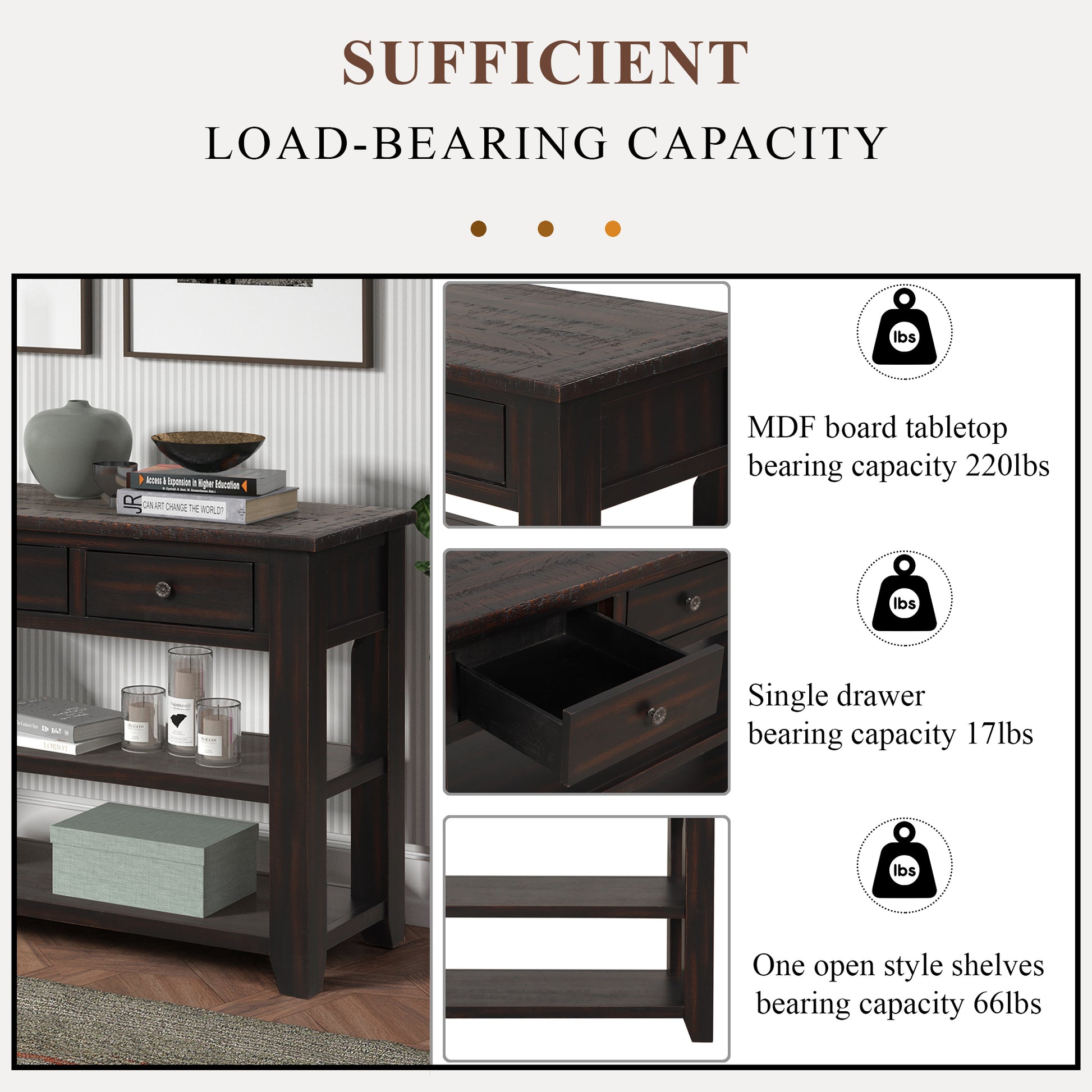 48'' Solid Pine Wood Top Console Table, Modern Entryway Sofa Side Table With 3 Storage Drawers And 2 Shelves. Easy To Assemble Black Black Pine