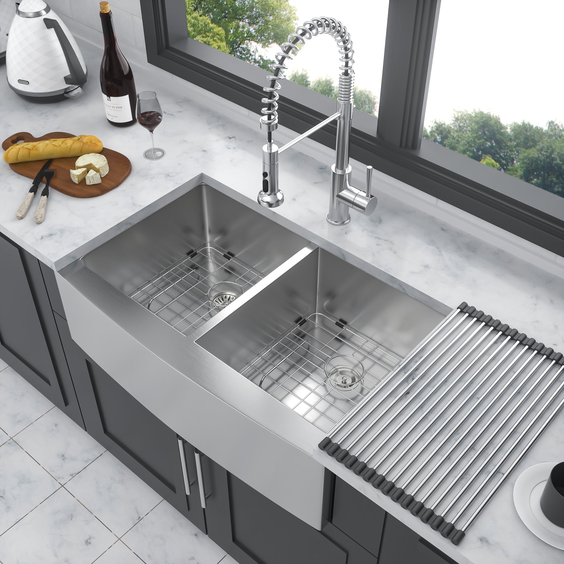 Double Bowl 50 50 Farmhouse Sink 33"X21"X10" Stainless Steel Apron Front Kitchen Sink 16 Gauge With Two 10" Deep Basin Brushed Nickel Stainless Steel