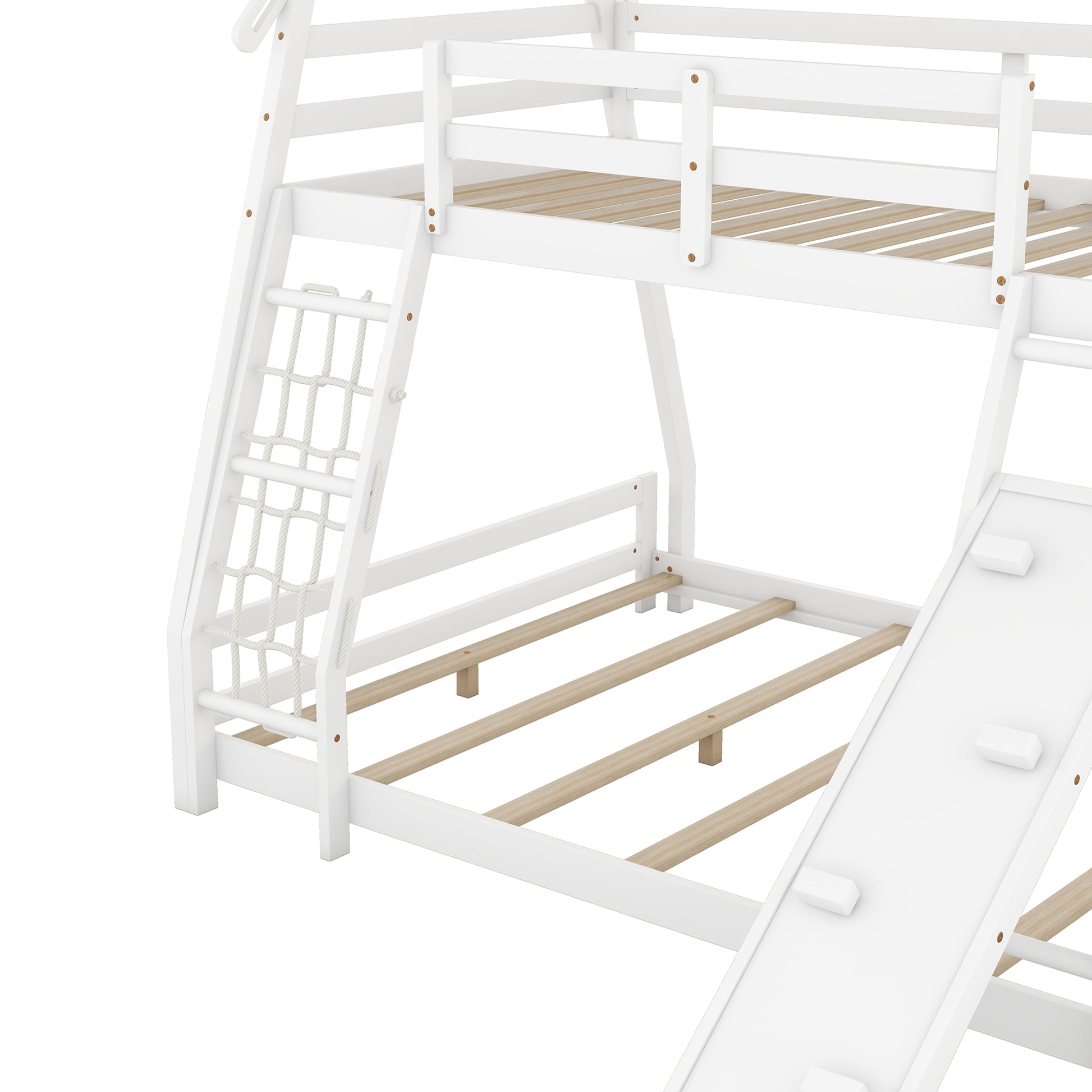 Twin Over Queen House Bunk Bed With Climbing Nets And Climbing Ramp, White Box Spring Not Required White Wood Bedroom Bunk Solid Wood Mdf