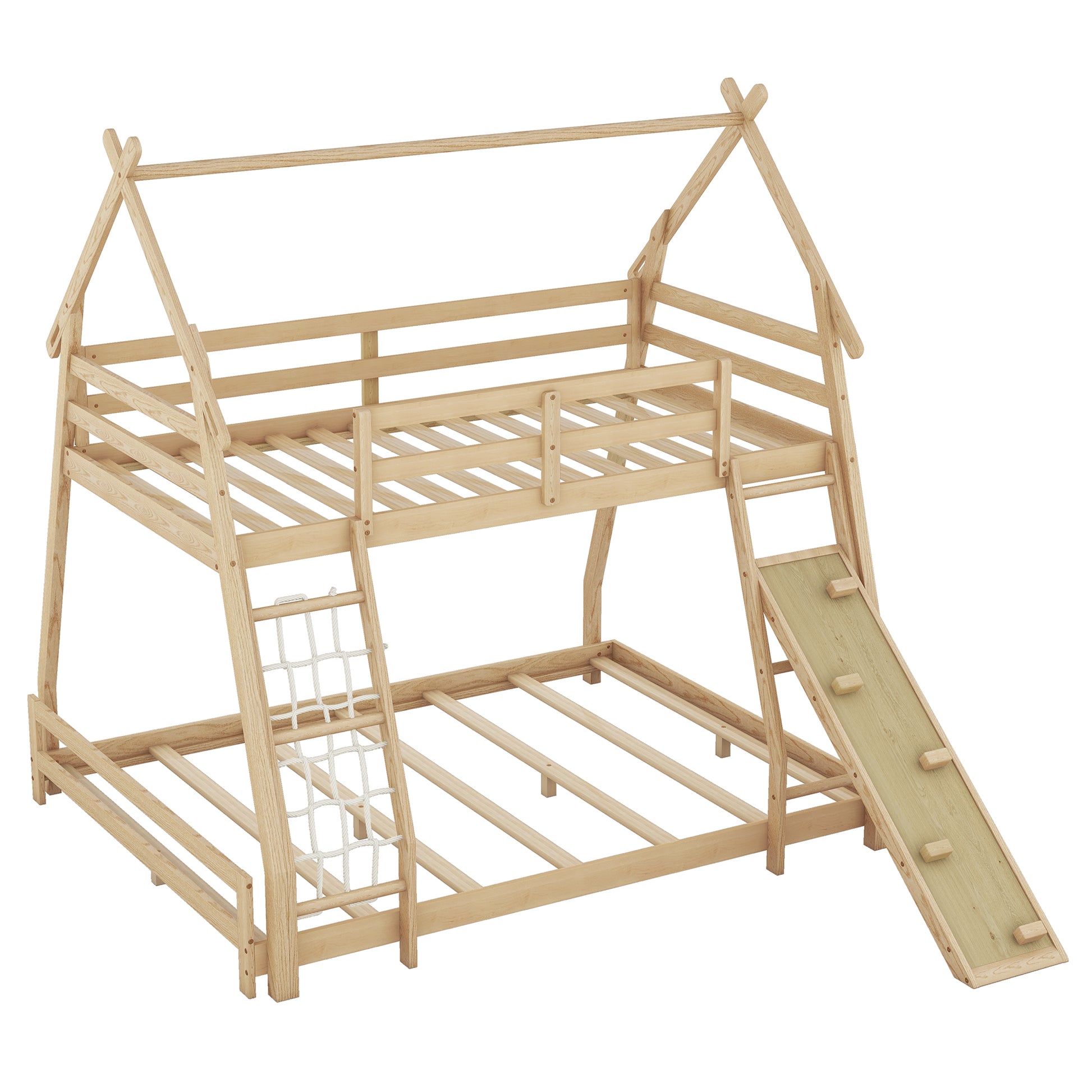 Twin Over Queen House Bunk Bed With Climbing Nets And Climbing Ramp, Natural Box Spring Not Required Natural Wood Bedroom Bunk Solid Wood Mdf
