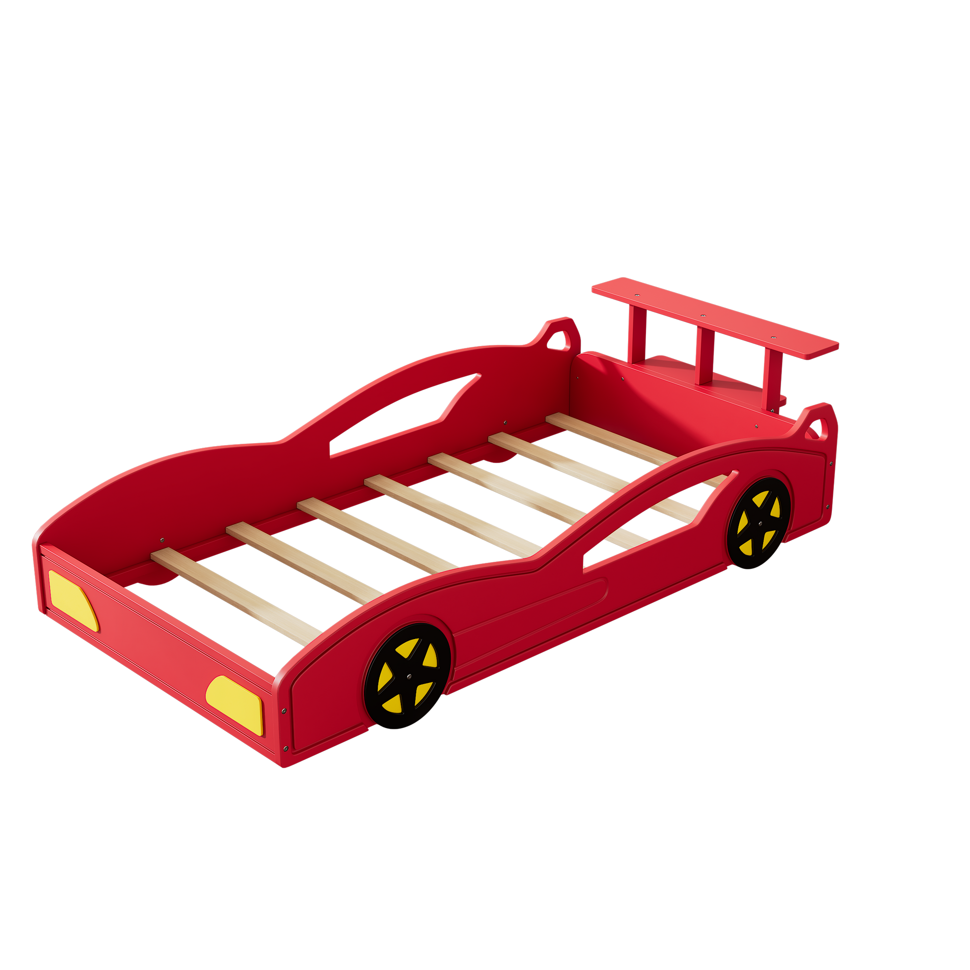 Wooden Race Car Bed,Car Shaped Platform Twin Bed With Wheels For Teens,Red & Yellow Red Mdf