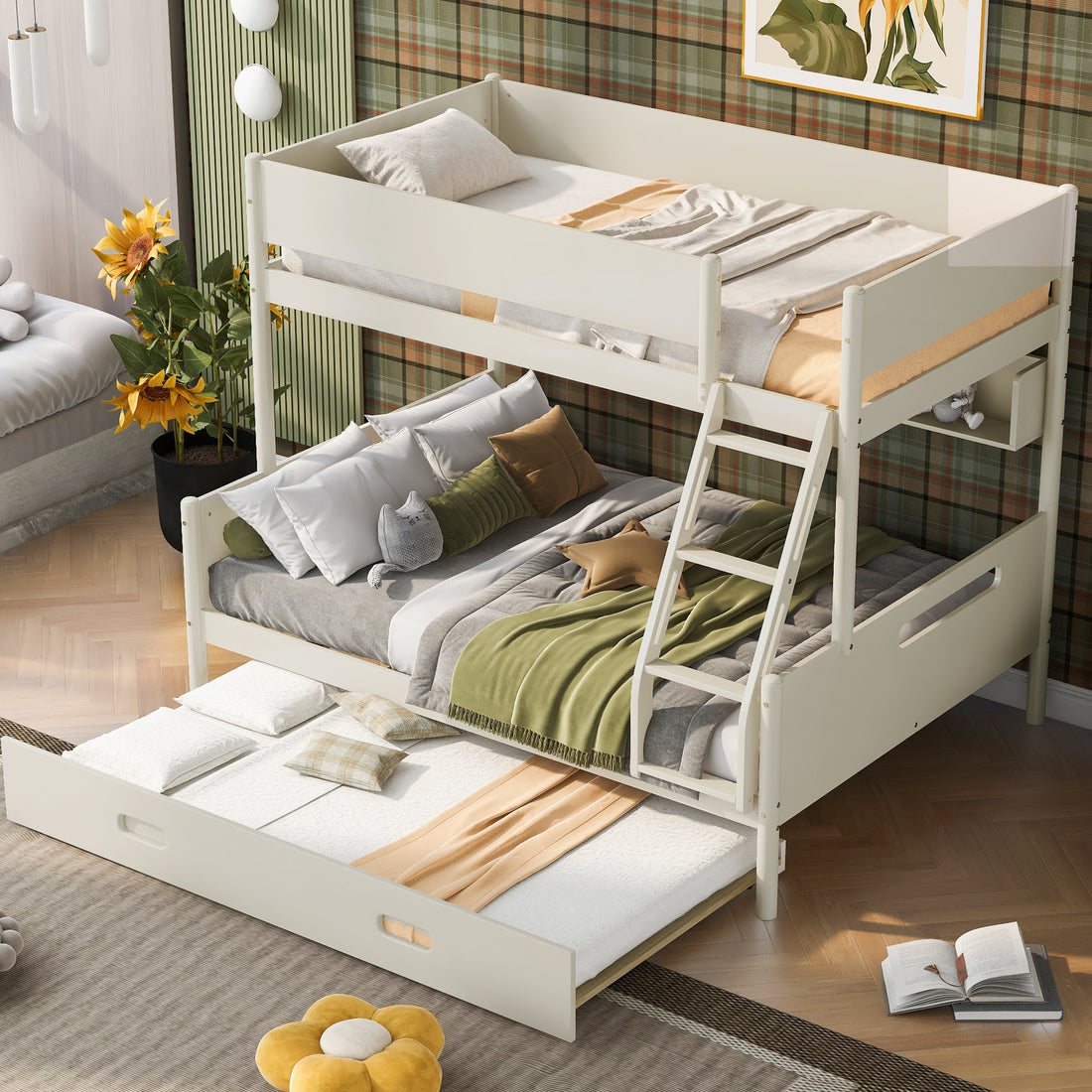 Wood Twin Over Full Bunk Bed With Storage Shelves And Twin Size Trundle, Cream Box Spring Not Required Cream Wood Bedroom Bunk Solid Wood Mdf