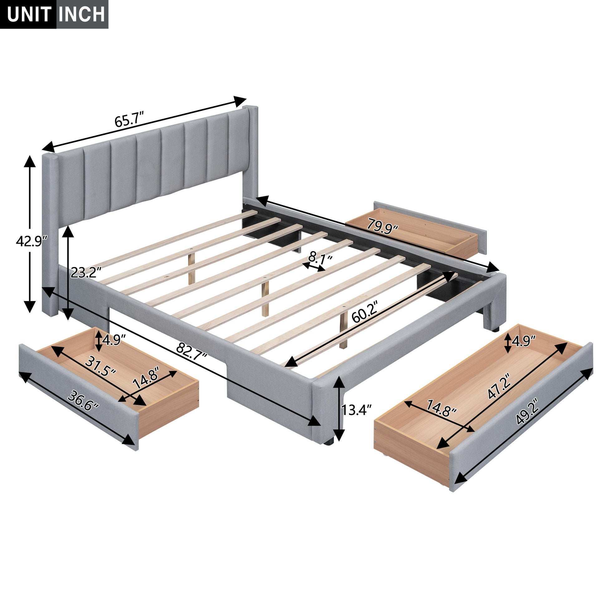 Queen Size Upholstered Platform Bed With One Large Drawer In The Footboard And Drawer On Each Side,Gray Box Spring Not Required Queen Gray Wood Bedroom Bed Frame Linen Upholstered