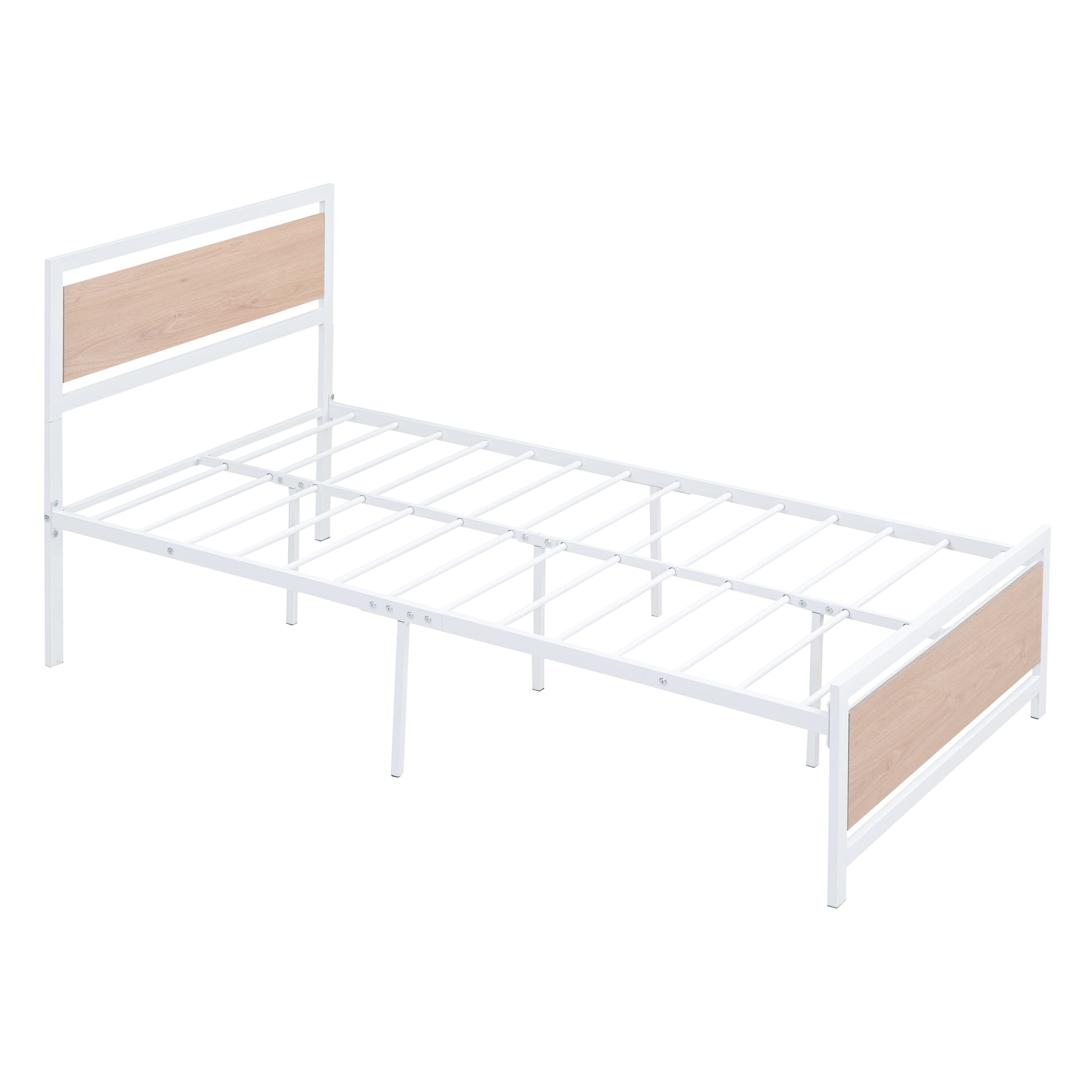 Twin Size Platform Bed, Metal And Wood Bed Frame With Headboard And Footboardwhite White Metal & Wood