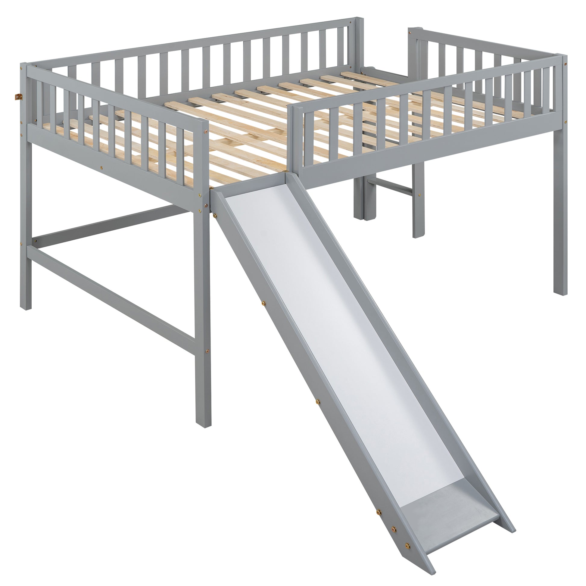 Full Size Low Loft Bed With Ladder And Slide,Gray Box Spring Not Required Full Gray Wood Bedroom Pine