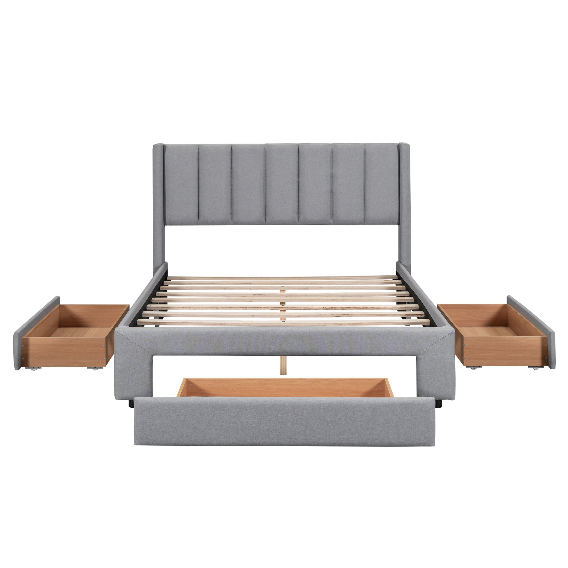 Queen Size Upholstered Platform Bed With One Large Drawer In The Footboard And Drawer On Each Side,Gray Queen Gray Upholstered