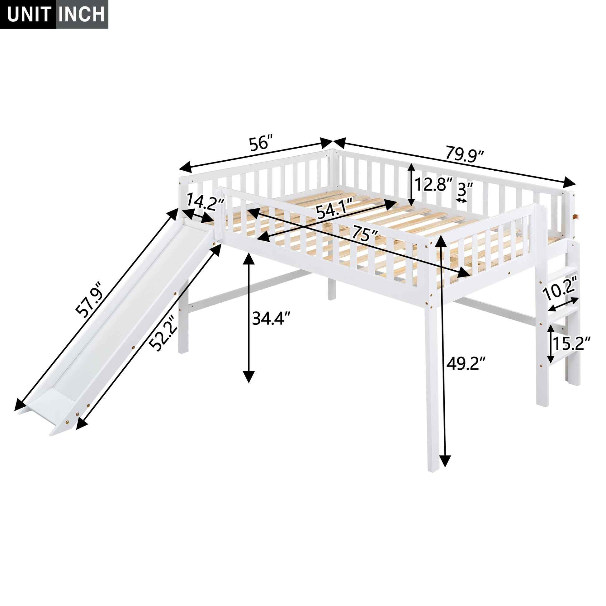 Full Size Low Loft Bed With Ladder And Slide,White Box Spring Not Required Full White Wood Bedroom Pine