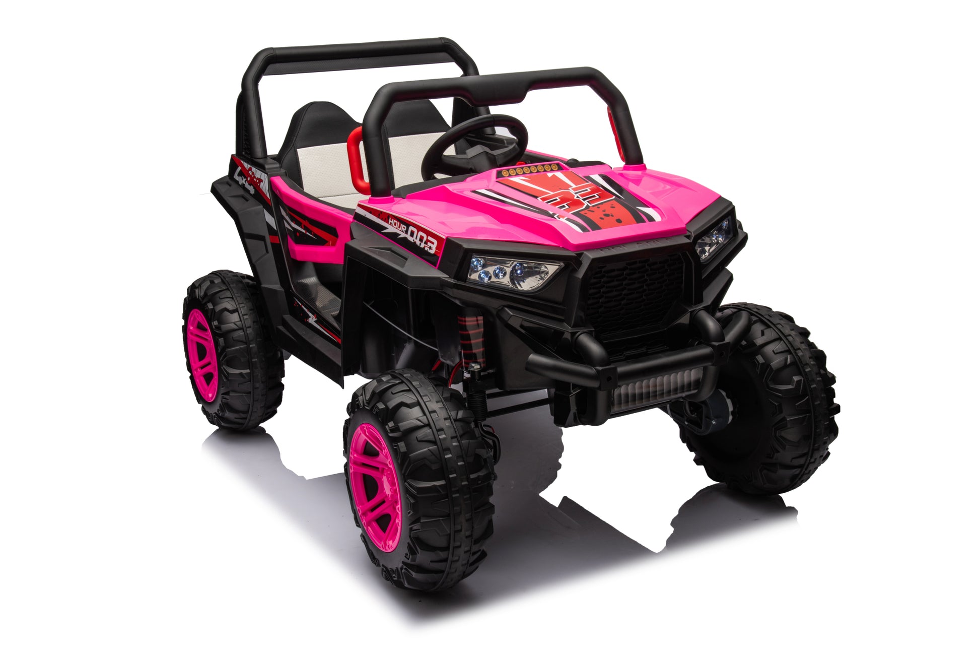 12V7A*1 30W*4 Four Wheel Drive Leather Seat One Button Start,Forward And Backward, High And Low Speed, Music, Front Light, Power Display, Two Doors Can Open, 2.4G R C, Seat Belt Four Wheel Absorber Pink Iron Plastic