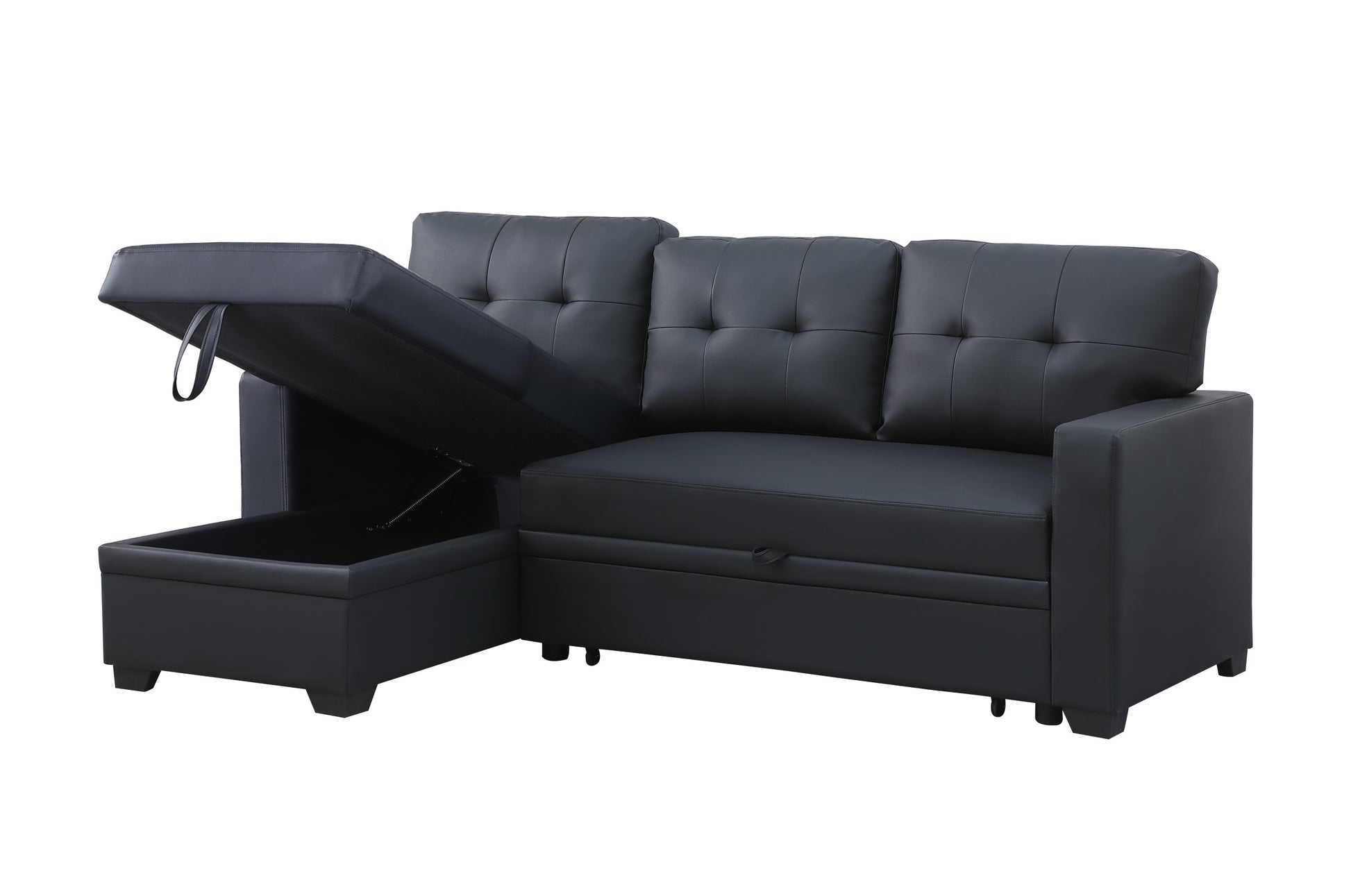 Upholstered Pull Out Sectional Sofa With Chaise Black Faux Leather