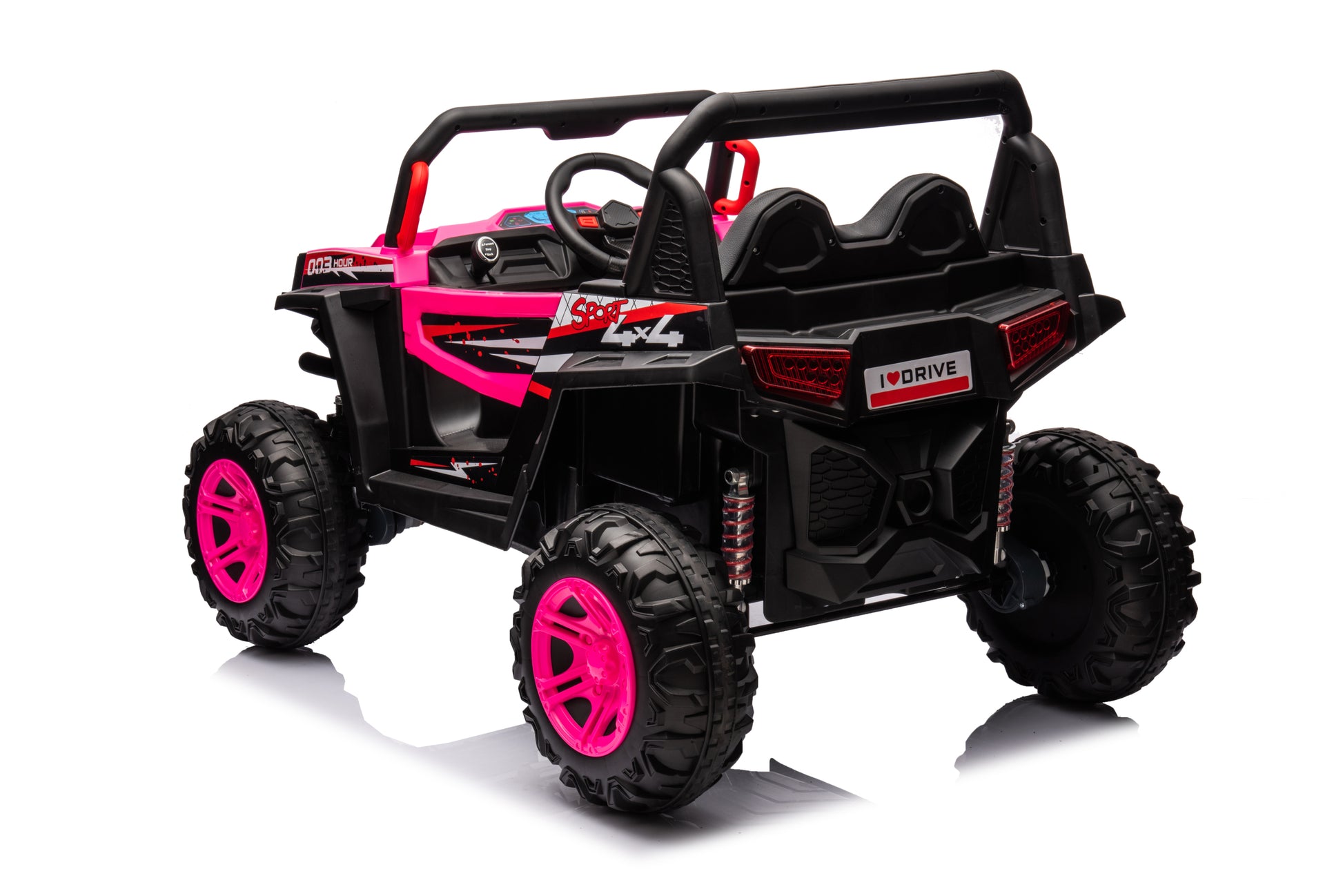 12V7A*2 30W*4 Four Wheel Drive Leather Seat One Button Start,Forward And Backward, High And Low Speed, Music, Front Light, Power Display, Two Doors Can Open, 2.4G R C, Seat Belt Four Wheel Absorber Pink Iron Plastic