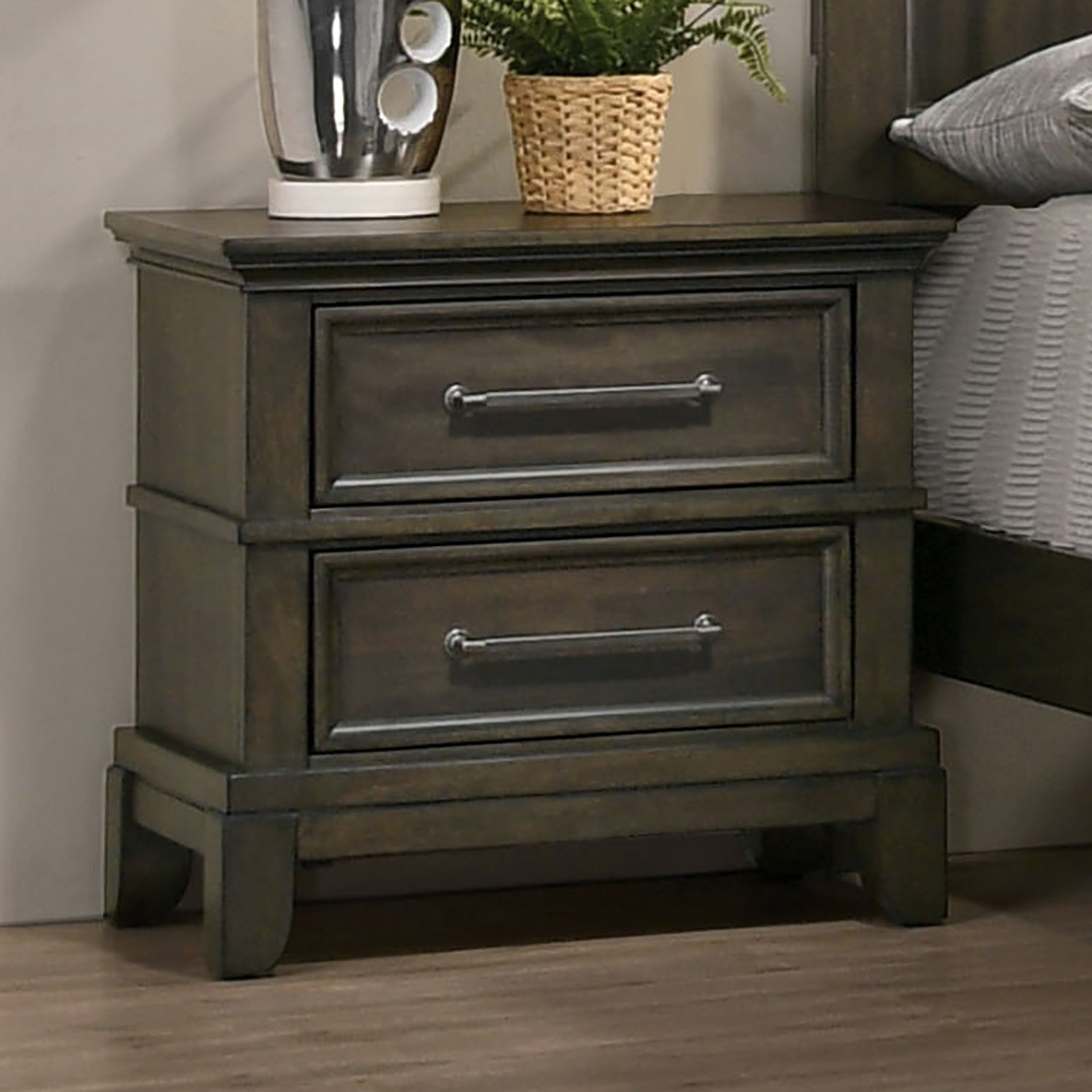 Contemporary 1Pc Nightstand Gray Color Solid Wood Veneer Pewter Bar Pulls Crown Molding Details Bedroom Furniture Gray Gray 2 Drawers Bedroom Bedside Cabinet Classic,Contemporary,Modern,Transitional Drawers Solid Wood