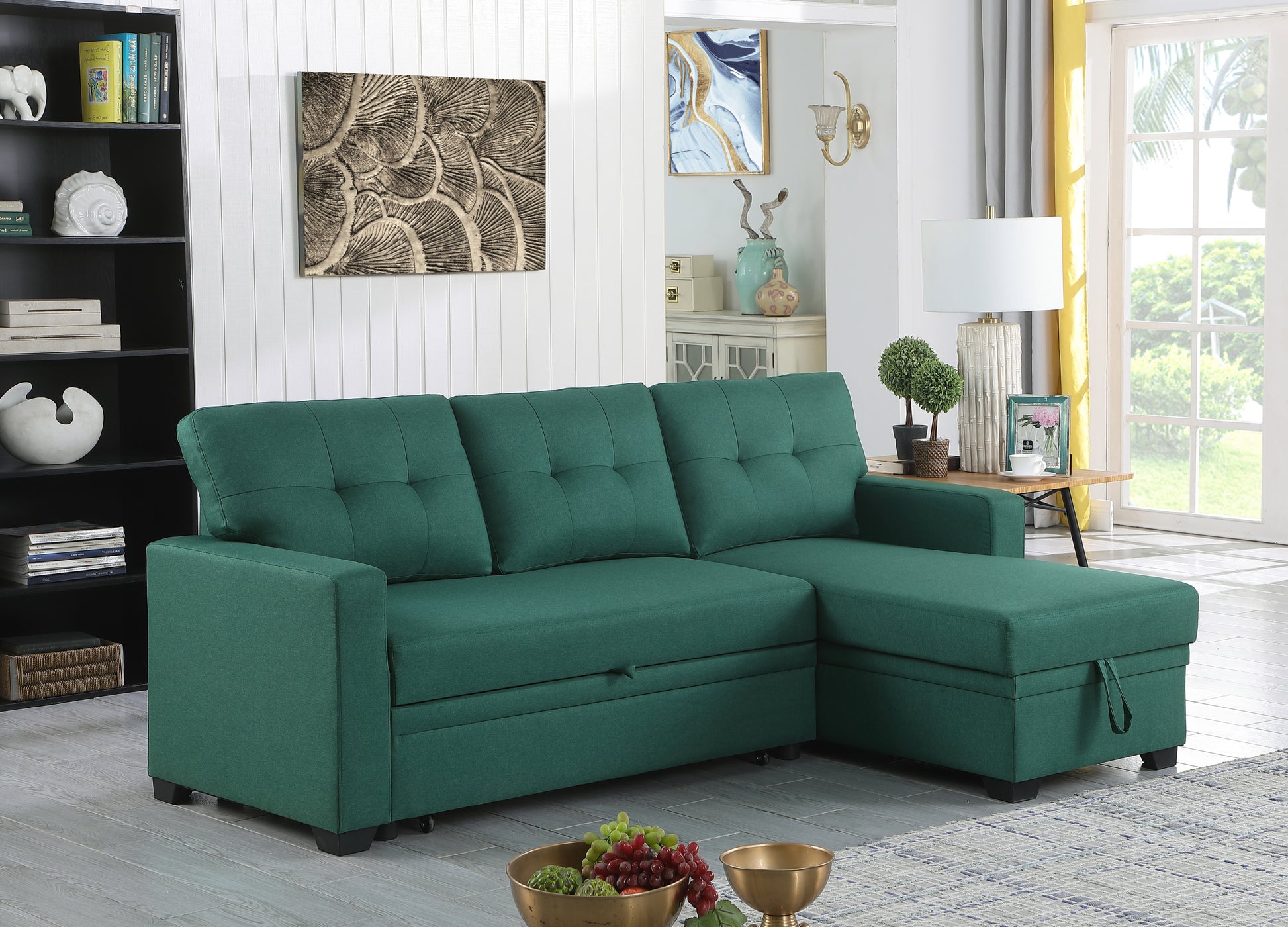 Upholstered Pull Out Sectional Sofa With Chaise Green Foam Linen