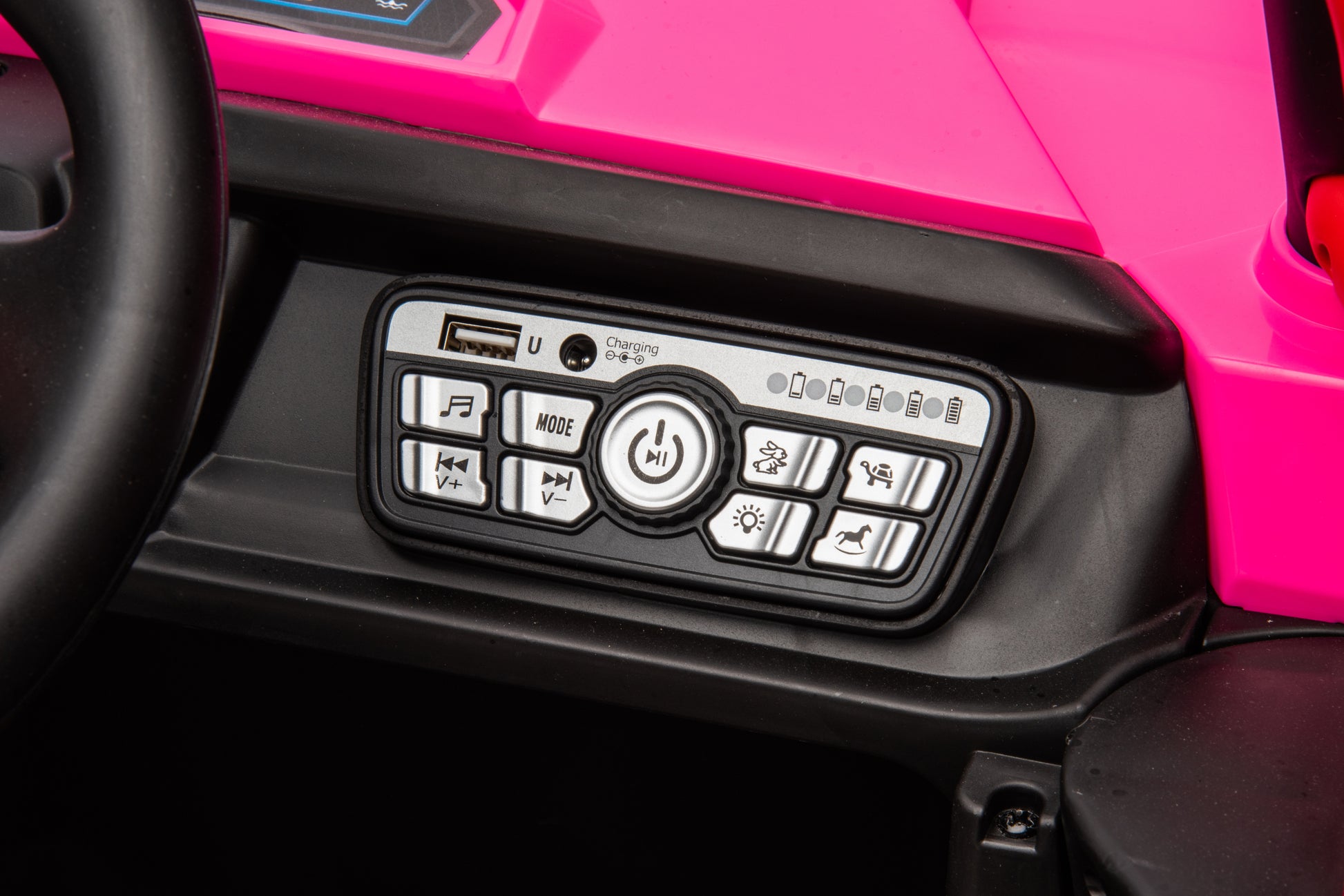 12V7A*1 30W*4 Four Wheel Drive Leather Seat One Button Start,Forward And Backward, High And Low Speed, Music, Front Light, Power Display, Two Doors Can Open, 2.4G R C, Seat Belt Four Wheel Absorber Pink Iron Plastic