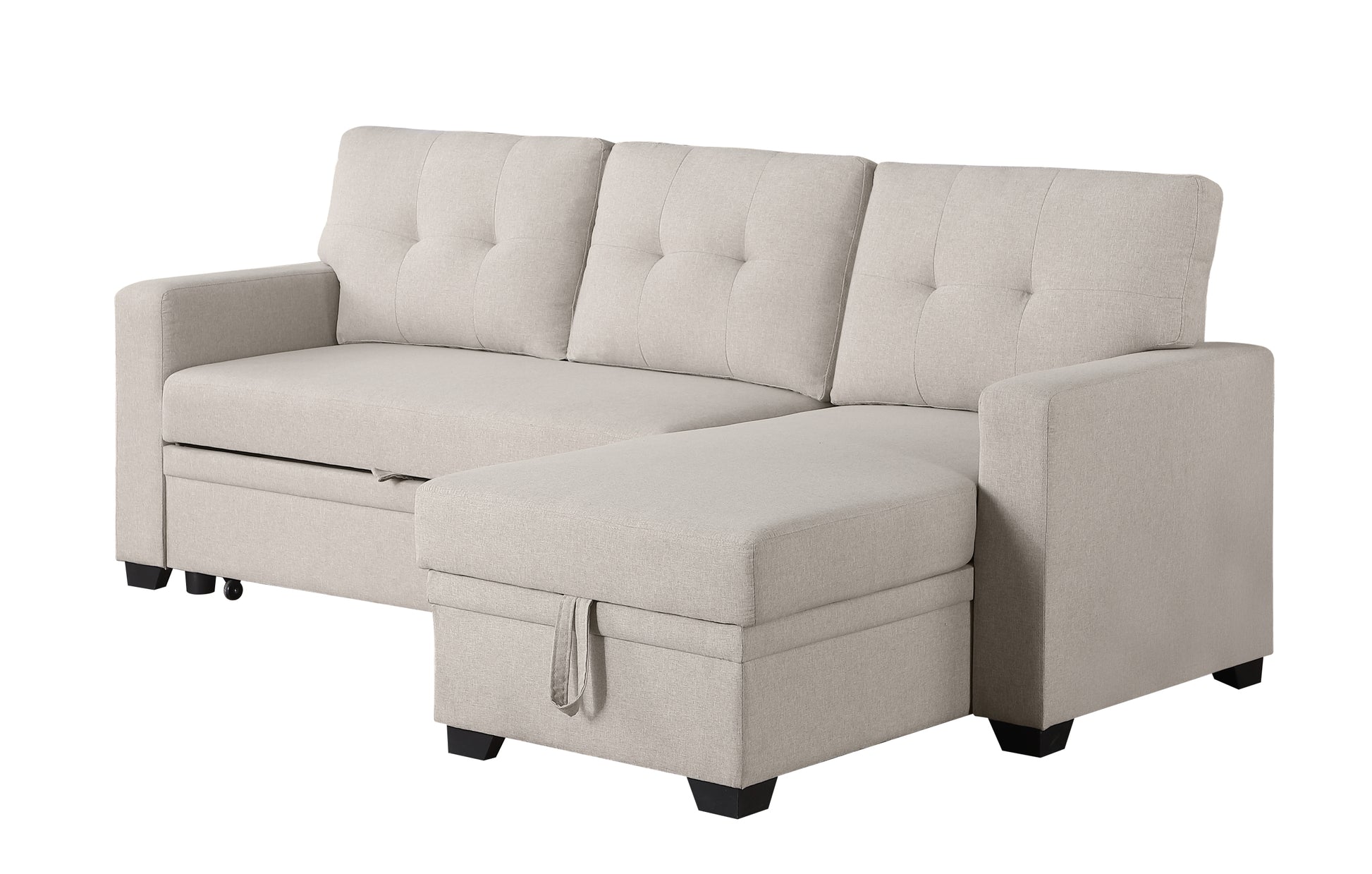 Upholstered Pull Out Sectional Sofa With Chaise Beige Foam Linen