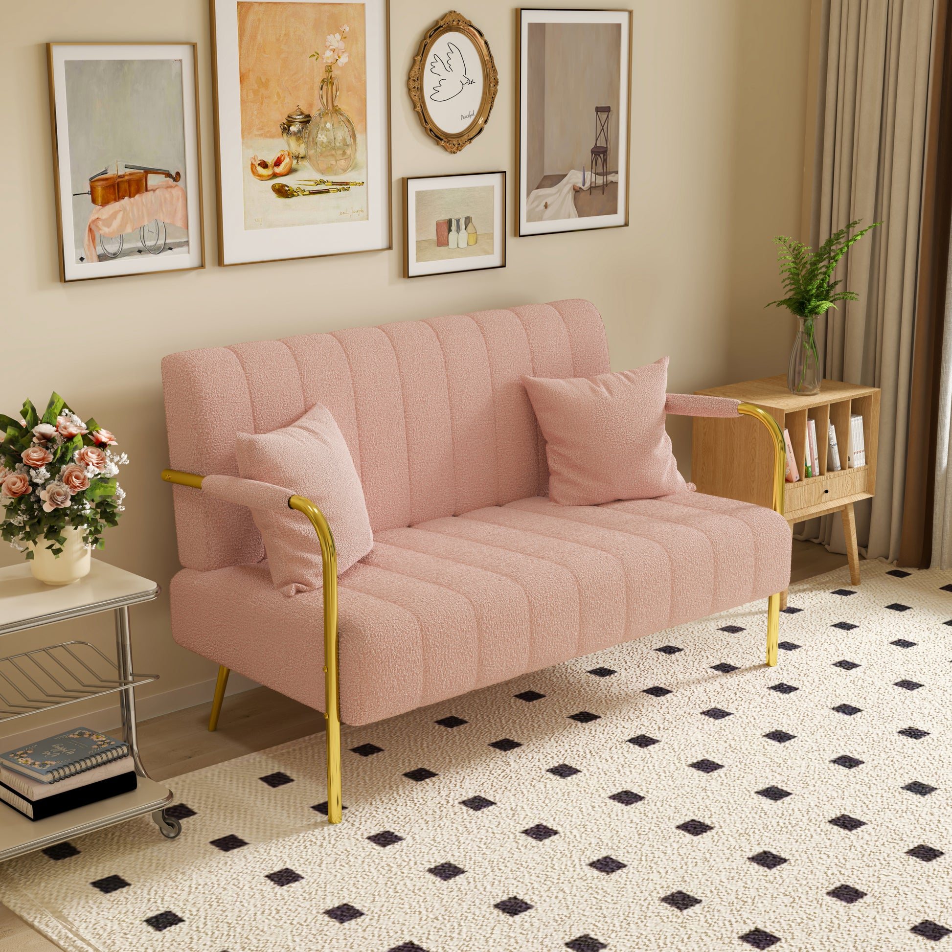 59Inch Pink Teddy Fleecesof, Two Throw Pillows, Suitable For Living Room, Apartment, Home Office Pink Fabric 2 Seat