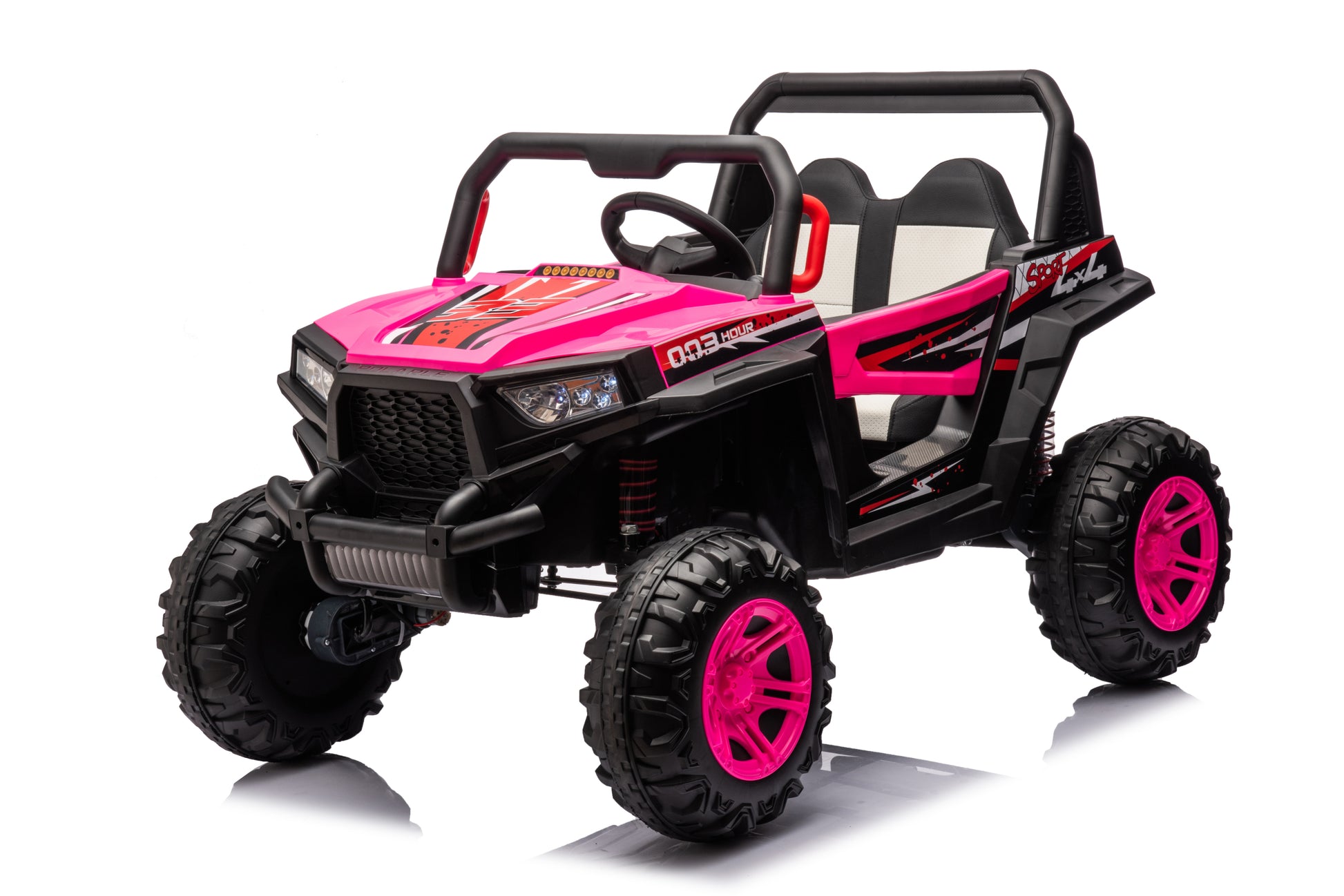 12V7A*1 30W*4 Four Wheel Drive Leather Seat One Button Start,Forward And Backward, High And Low Speed, Music, Front Light, Power Display, Two Doors Can Open, 2.4G R C, Seat Belt Four Wheel Absorber Pink Iron Plastic