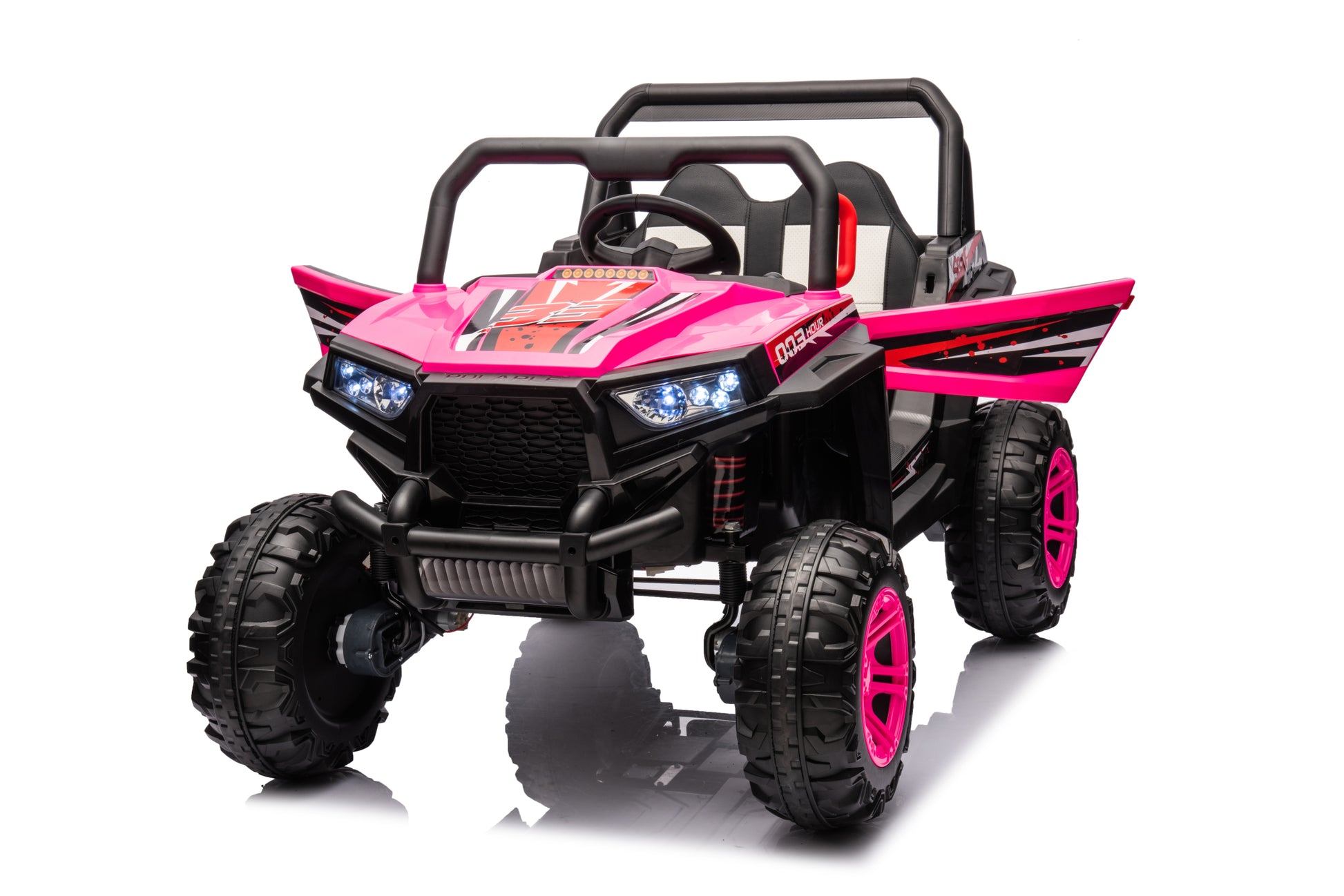 12V7A*1 30W*4 Four Wheel Drive Leather Seat One Button Start,Forward And Backward, High And Low Speed, Music, Front Light, Power Display, Two Doors Can Open, 2.4G R C, Seat Belt Four Wheel Absorber Pink Iron Plastic