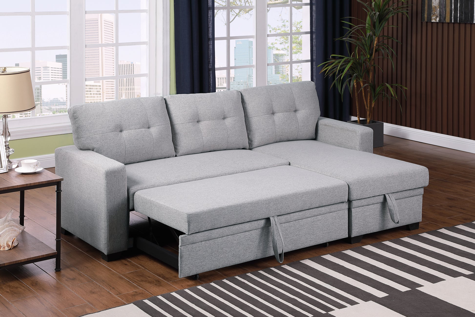 Upholstered Pull Out Sectional Sofa With Chaise Light Gray Foam Linen