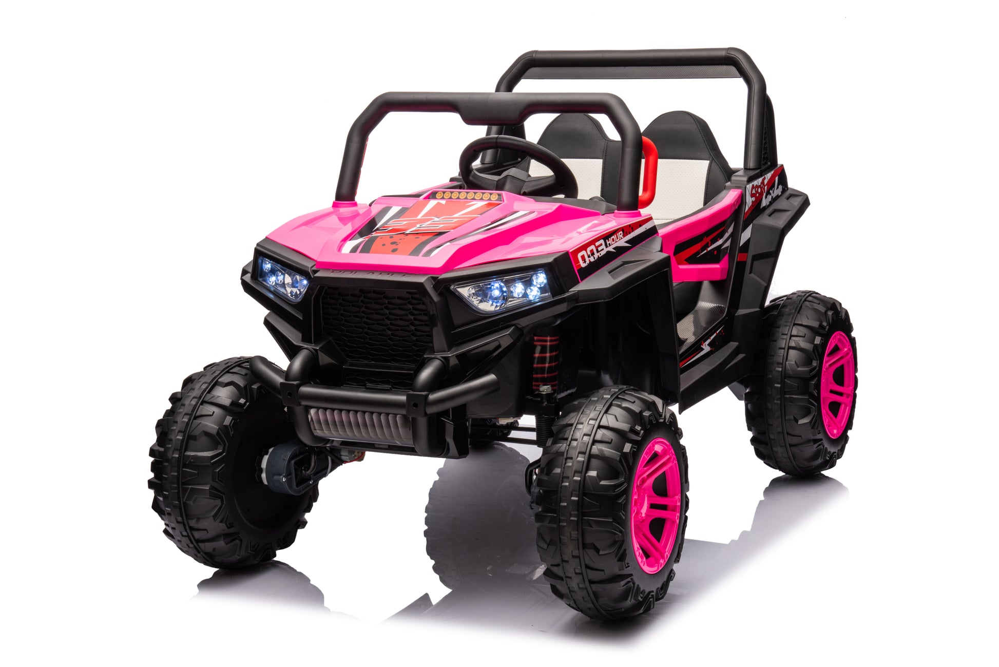 12V7A*2 30W*4 Four Wheel Drive Leather Seat One Button Start,Forward And Backward, High And Low Speed, Music, Front Light, Power Display, Two Doors Can Open, 2.4G R C, Seat Belt Four Wheel Absorber Pink Iron Plastic