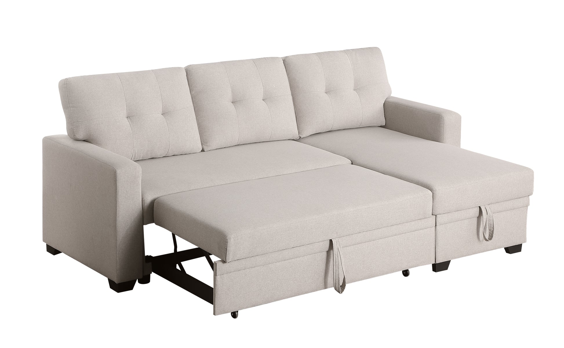 Upholstered Pull Out Sectional Sofa With Chaise Beige Foam Linen