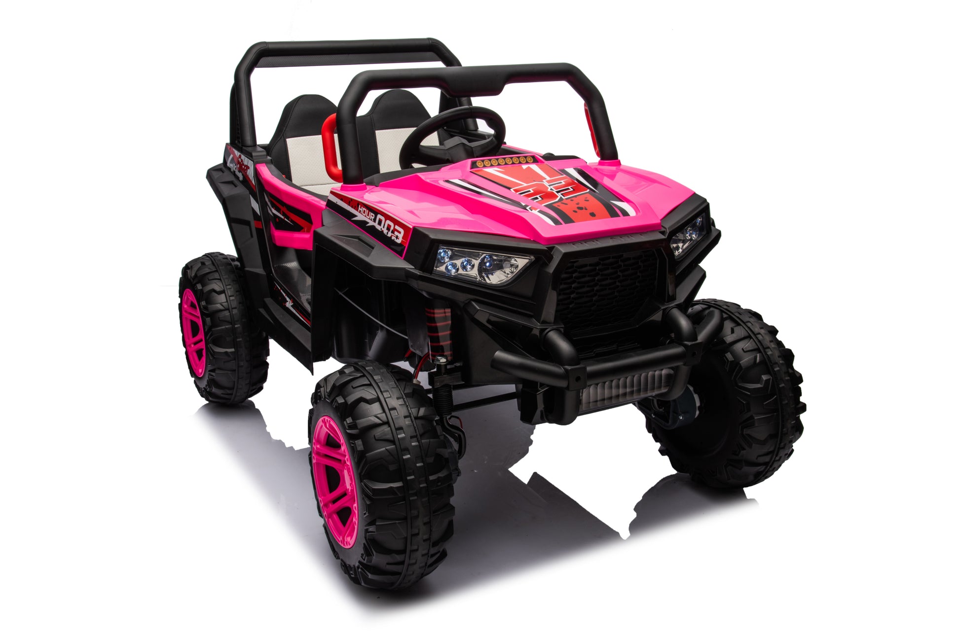 12V7A*1 30W*4 Four Wheel Drive Leather Seat One Button Start,Forward And Backward, High And Low Speed, Music, Front Light, Power Display, Two Doors Can Open, 2.4G R C, Seat Belt Four Wheel Absorber Pink Iron Plastic