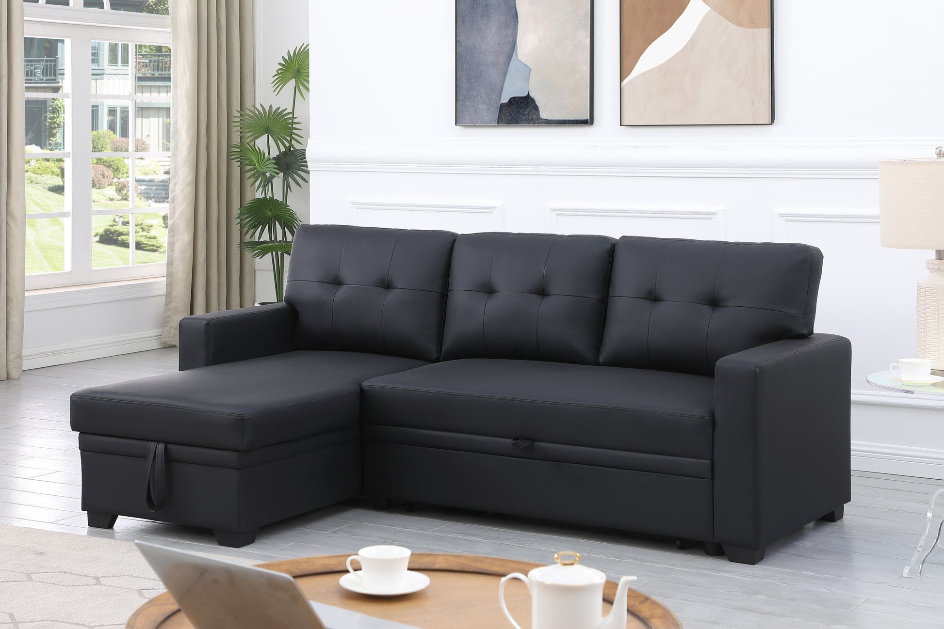 Upholstered Pull Out Sectional Sofa With Chaise Black Faux Leather