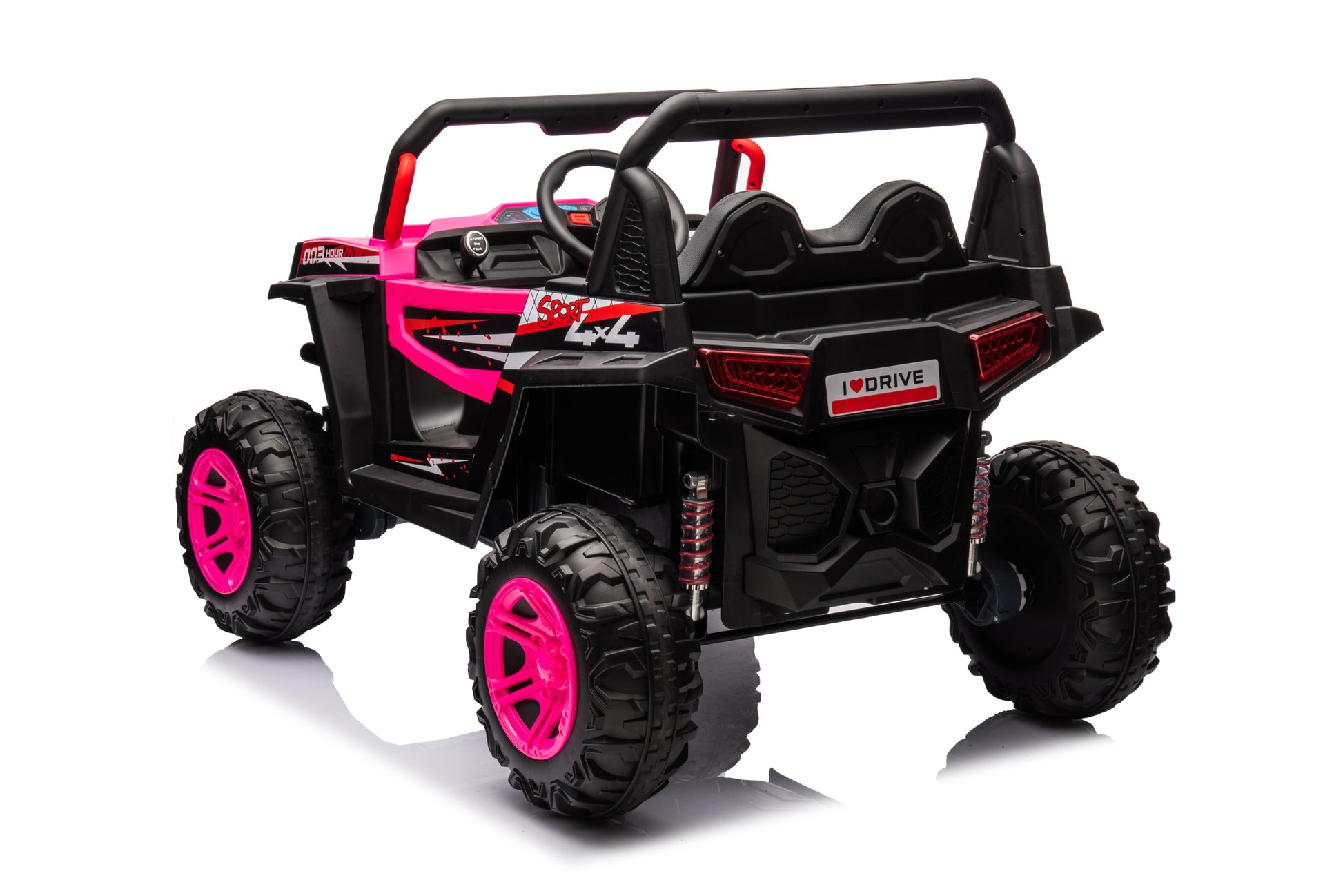 12V7A*1 30W*4 Four Wheel Drive Leather Seat One Button Start,Forward And Backward, High And Low Speed, Music, Front Light, Power Display, Two Doors Can Open, 2.4G R C, Seat Belt Four Wheel Absorber Pink Iron Plastic